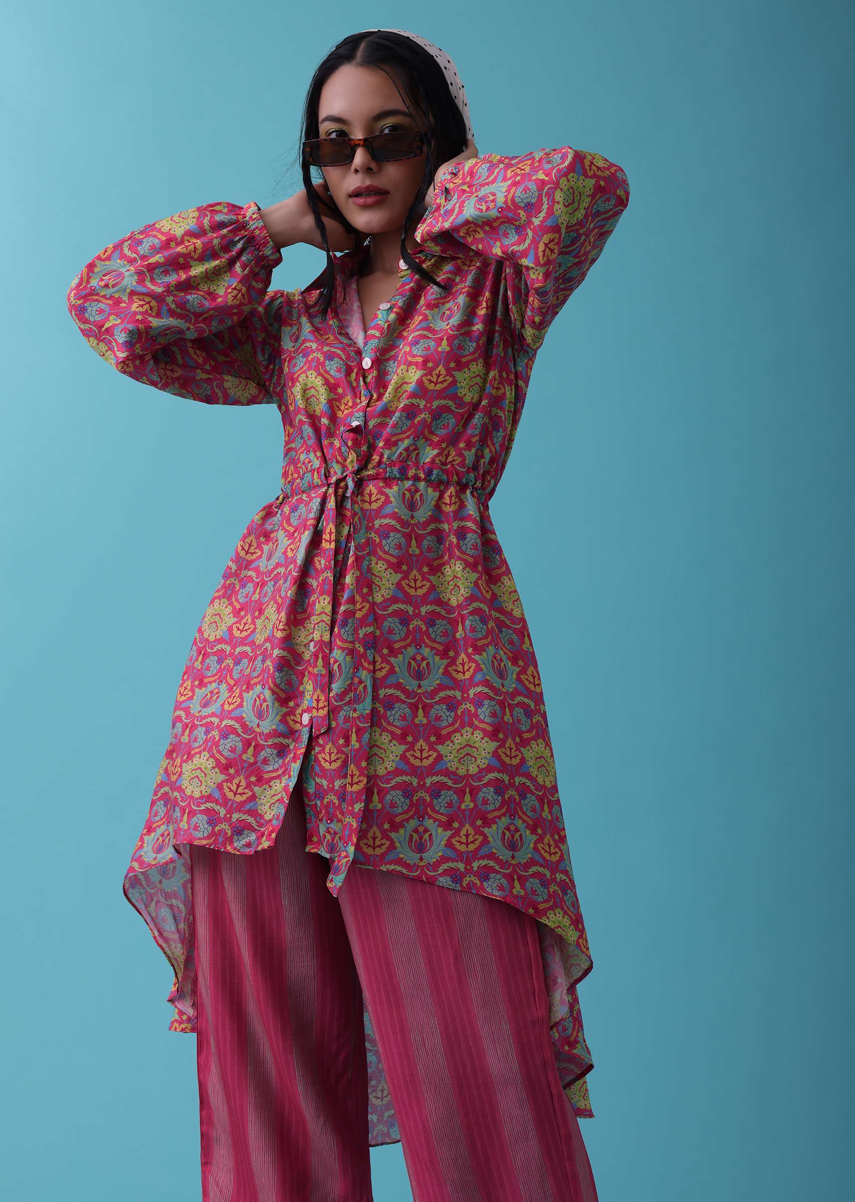 Cherry Pink Floral Printed Co-ord Set In Tussar - RE By Kalki - Image 2