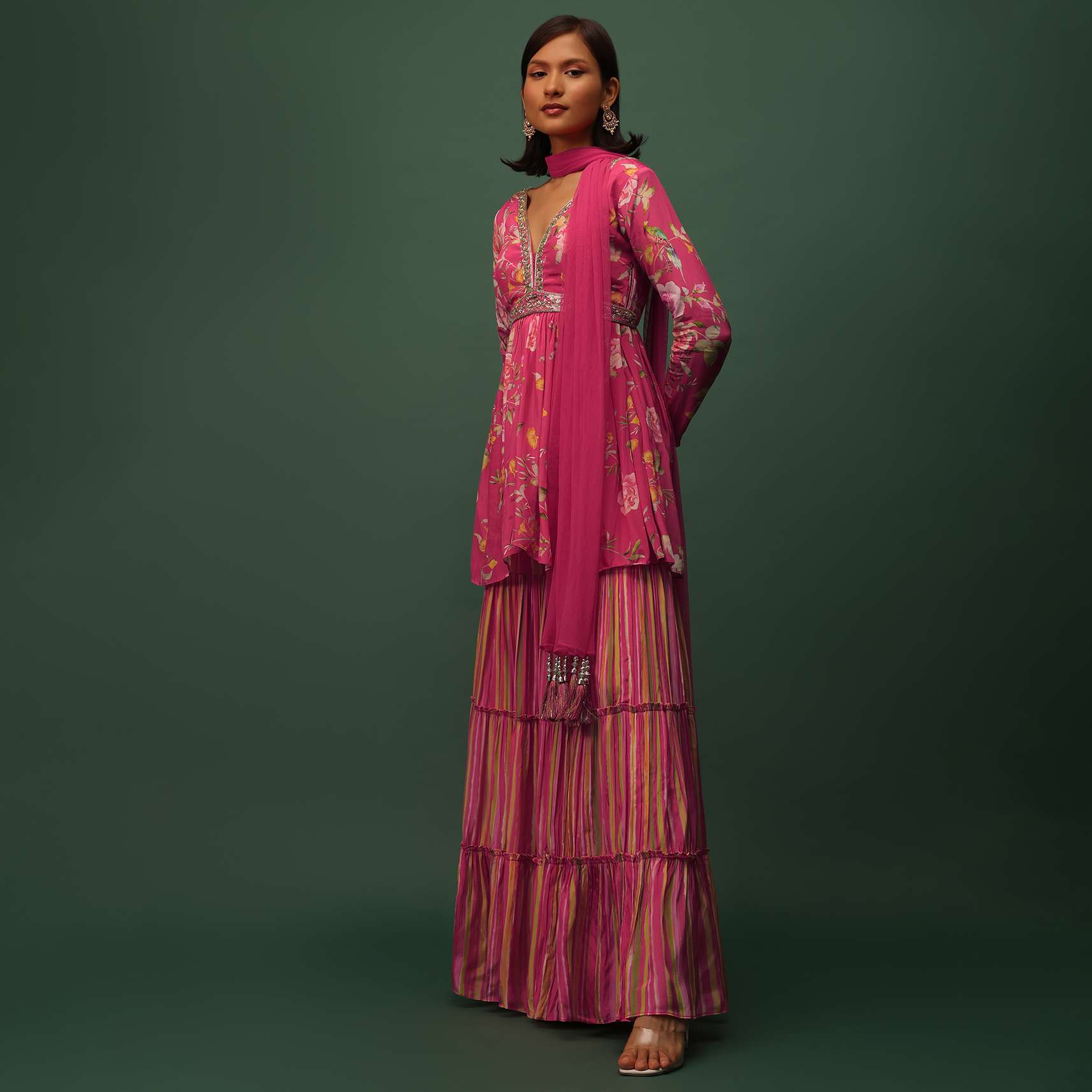 Cherry Pink Peplum Top And Sharara Set In Satin With Floral Print - Image 2