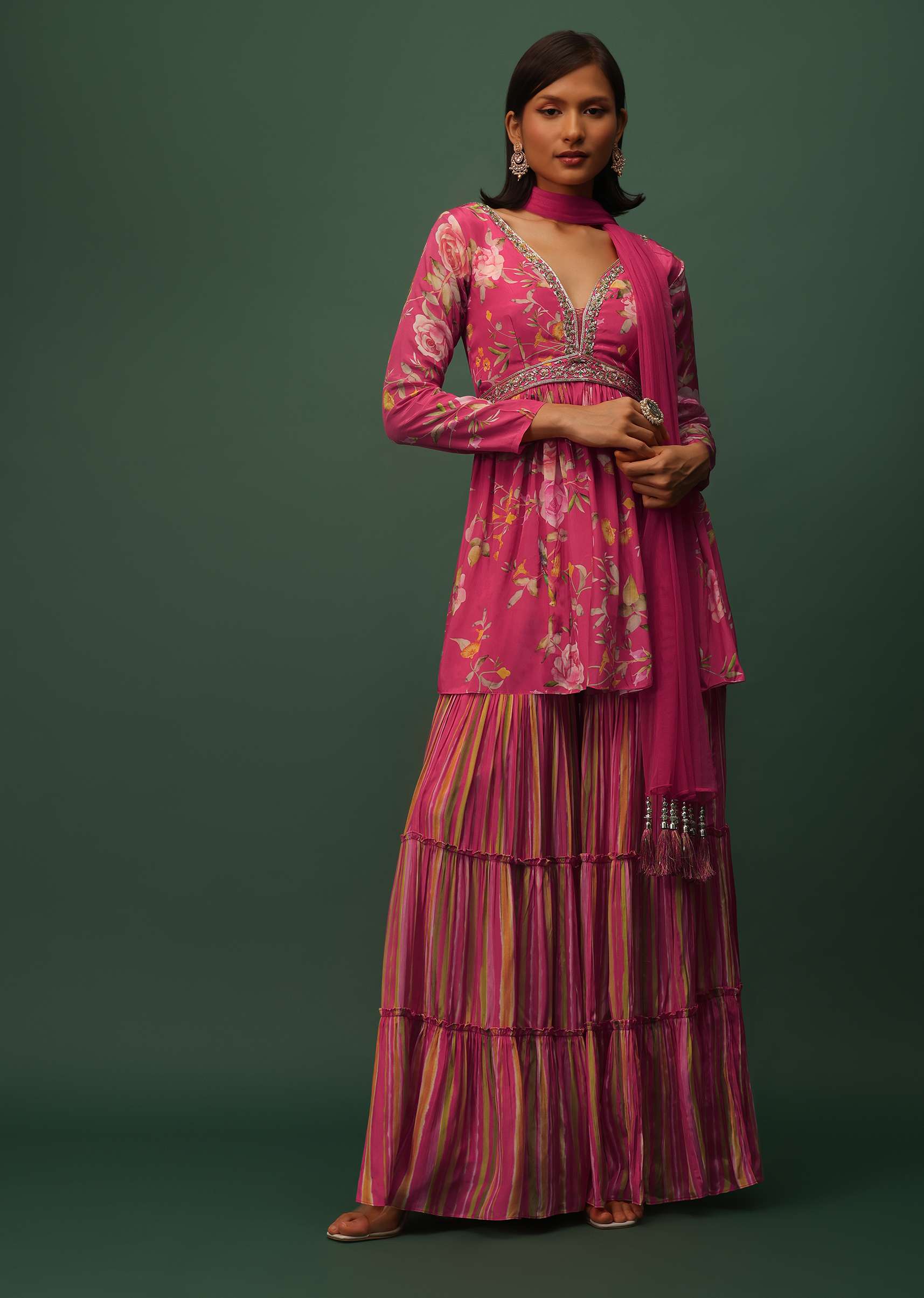 Cherry Pink Peplum Top And Sharara Set In Satin With Floral Print - Image 4