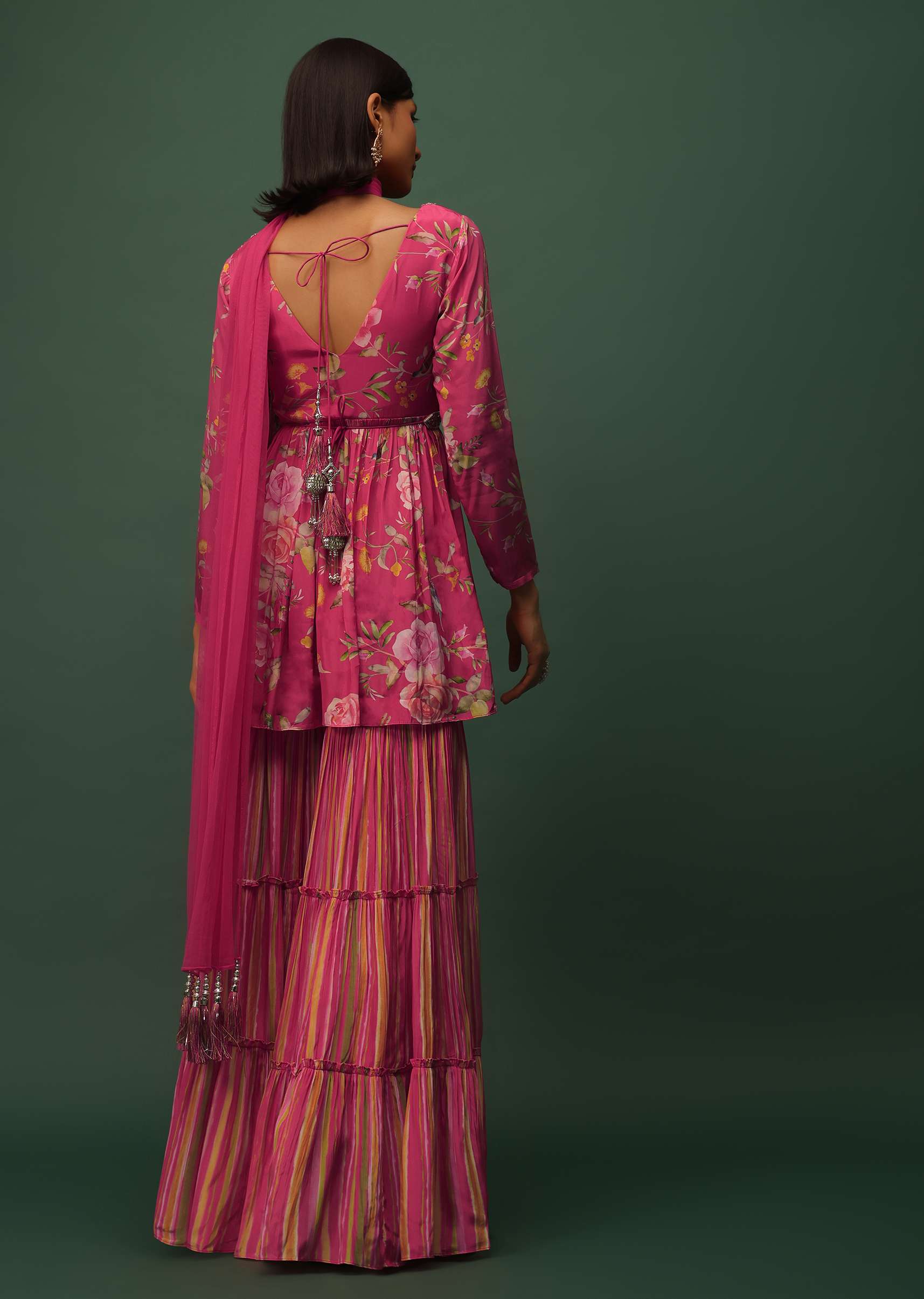 Cherry Pink Peplum Top And Sharara Set In Satin With Floral Print - Image 6