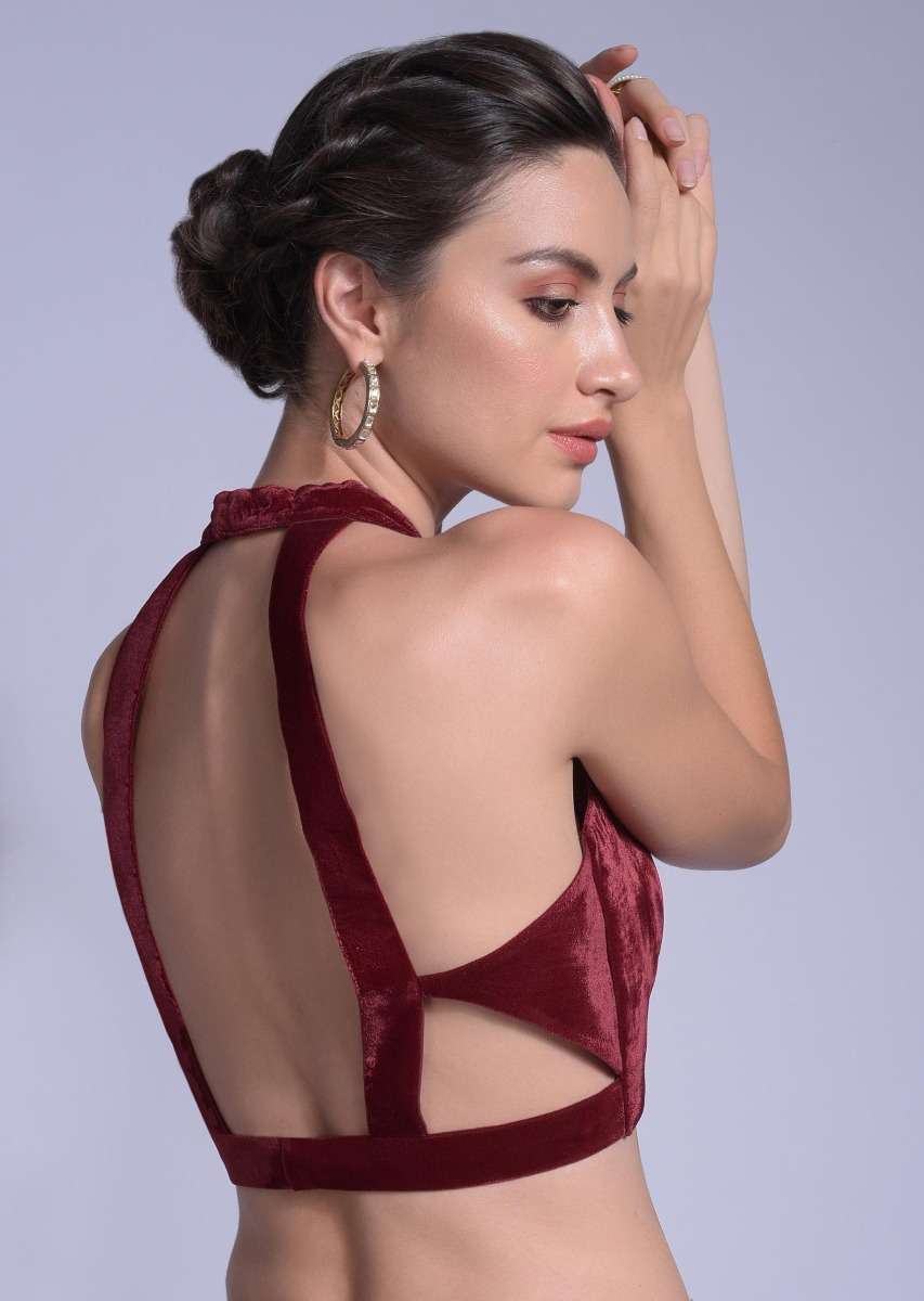 Cherry Red Blouse In Velvet With Halter Straps And Sweetheart Neckline - Image 2