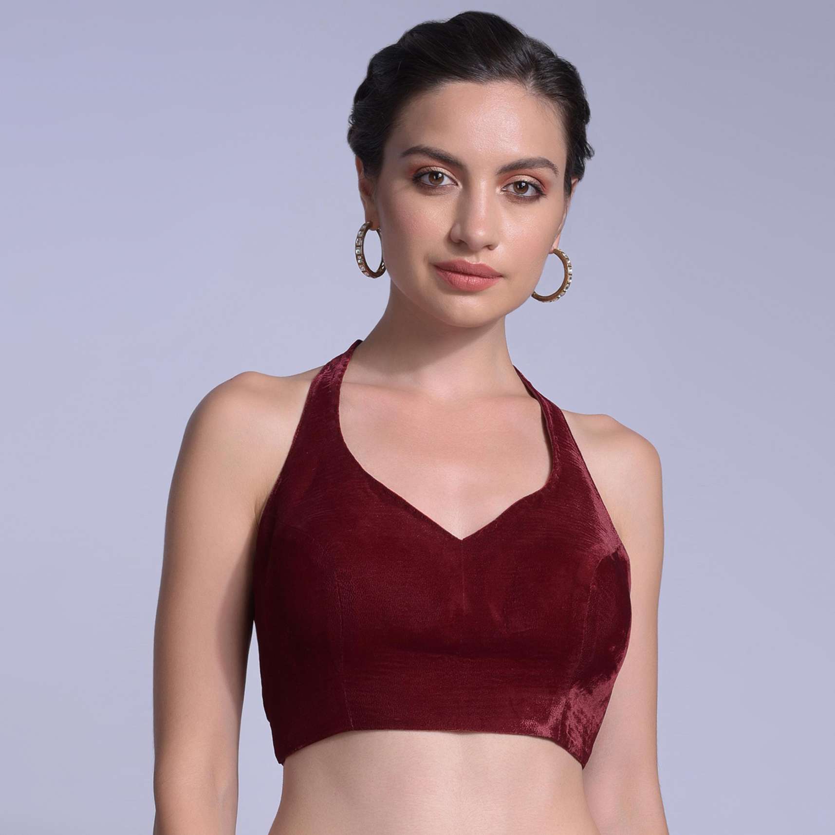 Cherry Red Blouse In Velvet With Halter Straps And Sweetheart Neckline - Image 3