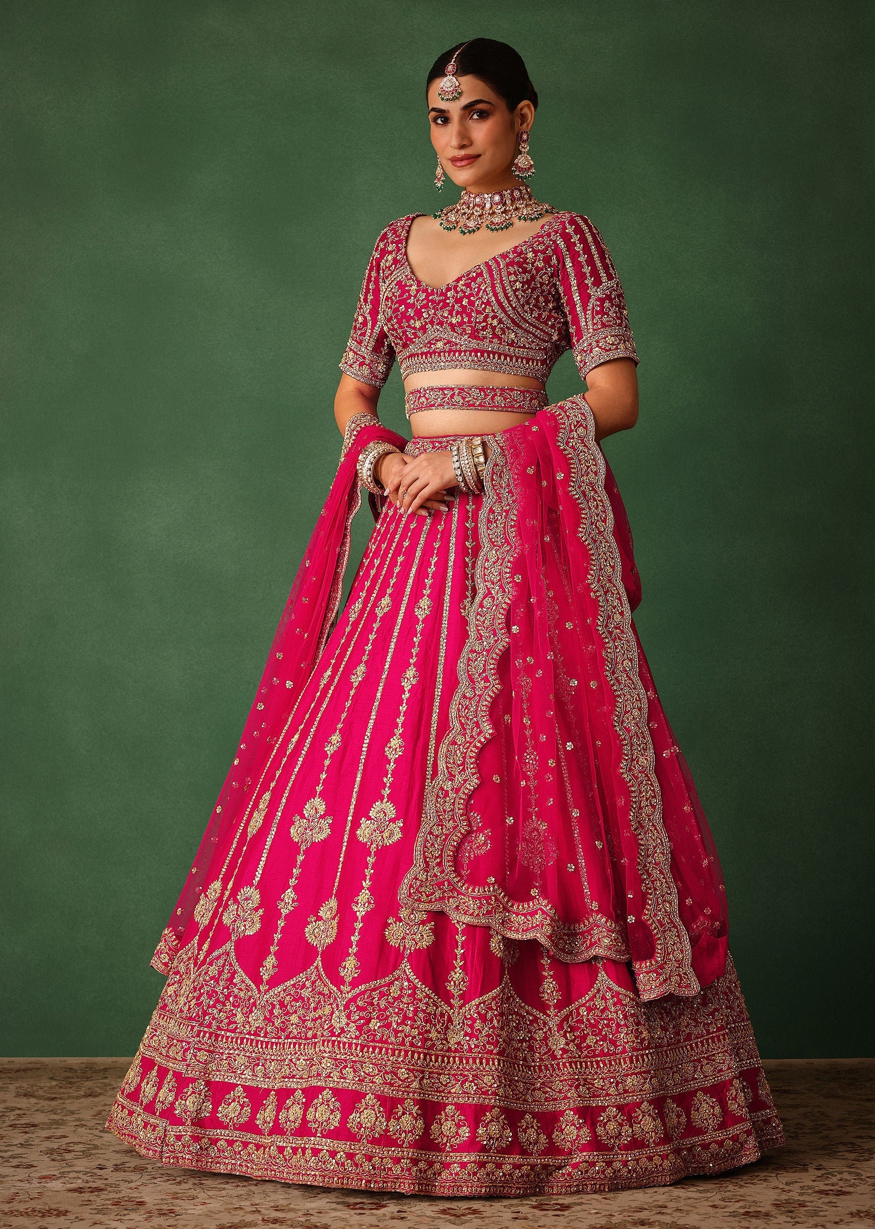 Cherry Red Hand Embroidered Raw Silk Lehenga Set With Dupatta - Image 4