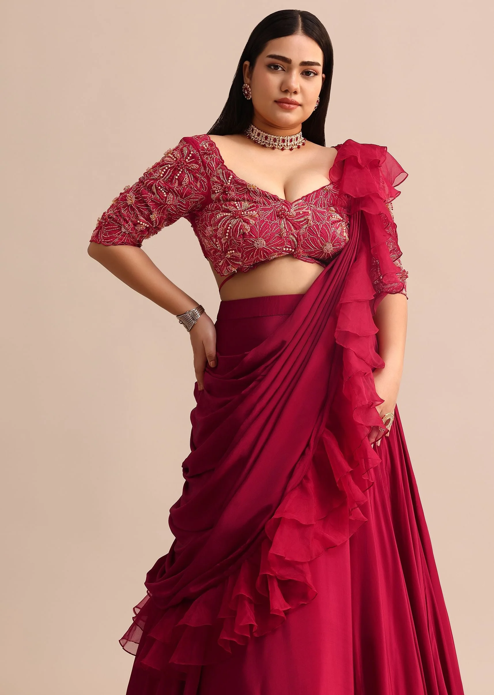 Cherry Red Lehenga With Ruffle Drape - Image 2