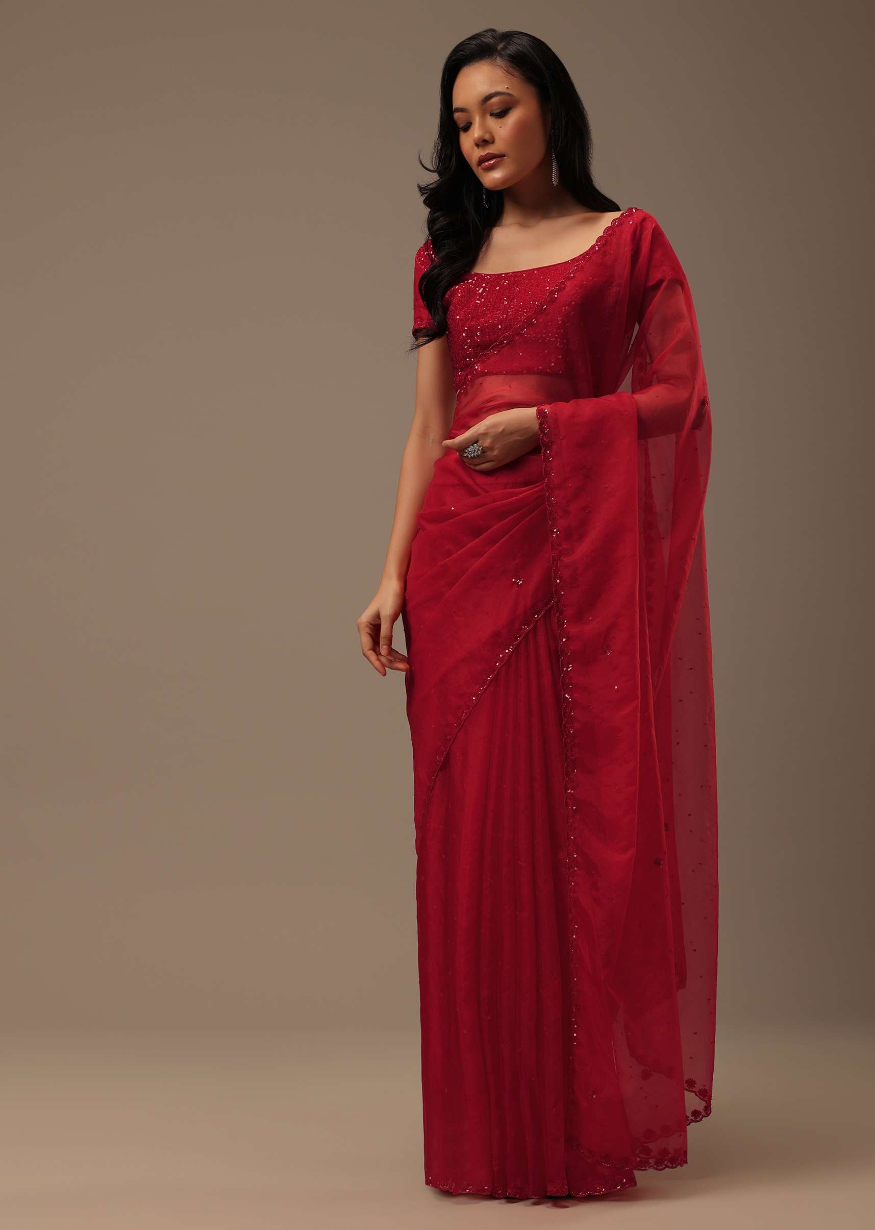Cherry Red Organza Saree With Cut Dana And Sequins Work - Image 3
