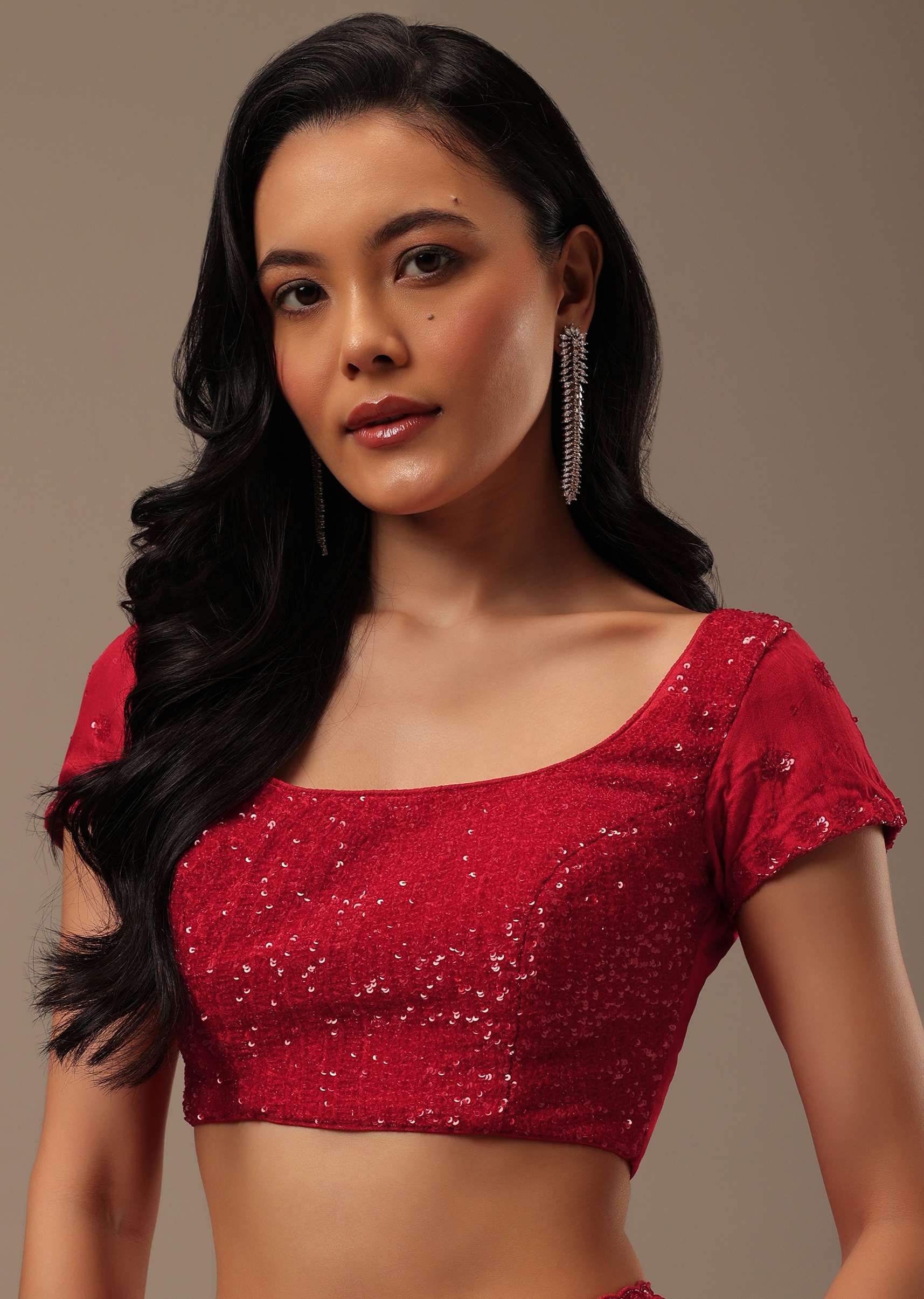Cherry Red Organza Saree With Cut Dana And Sequins Work - Image 6
