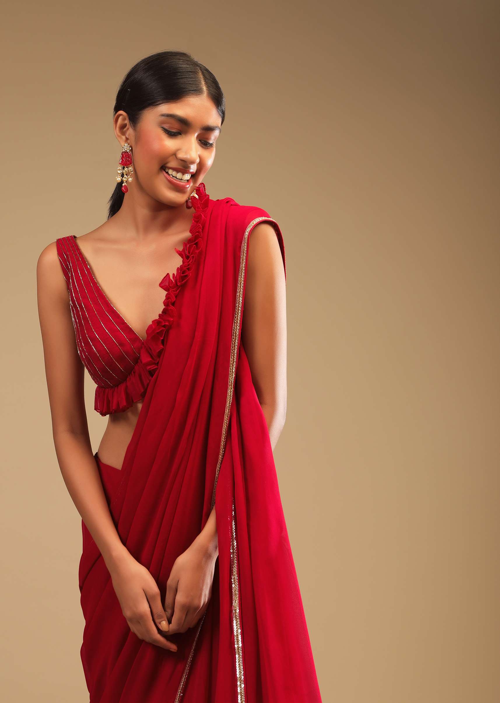 Cherry Red Saree In Georgette With Sequins And Cut Dana Embellished Border And A Ruffle Frill Adorned Crop Top - Image 2
