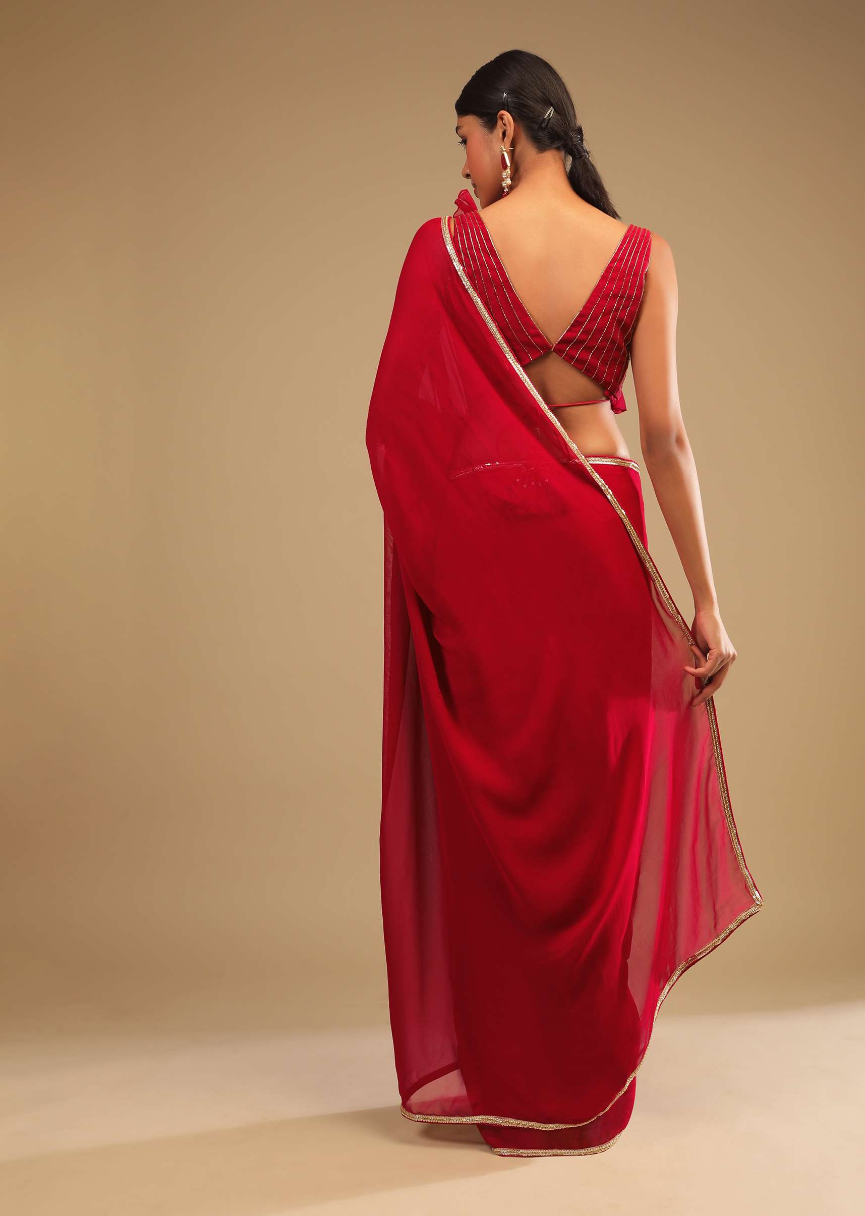 Cherry Red Saree In Georgette With Sequins And Cut Dana Embellished Border And A Ruffle Frill Adorned Crop Top - Image 5