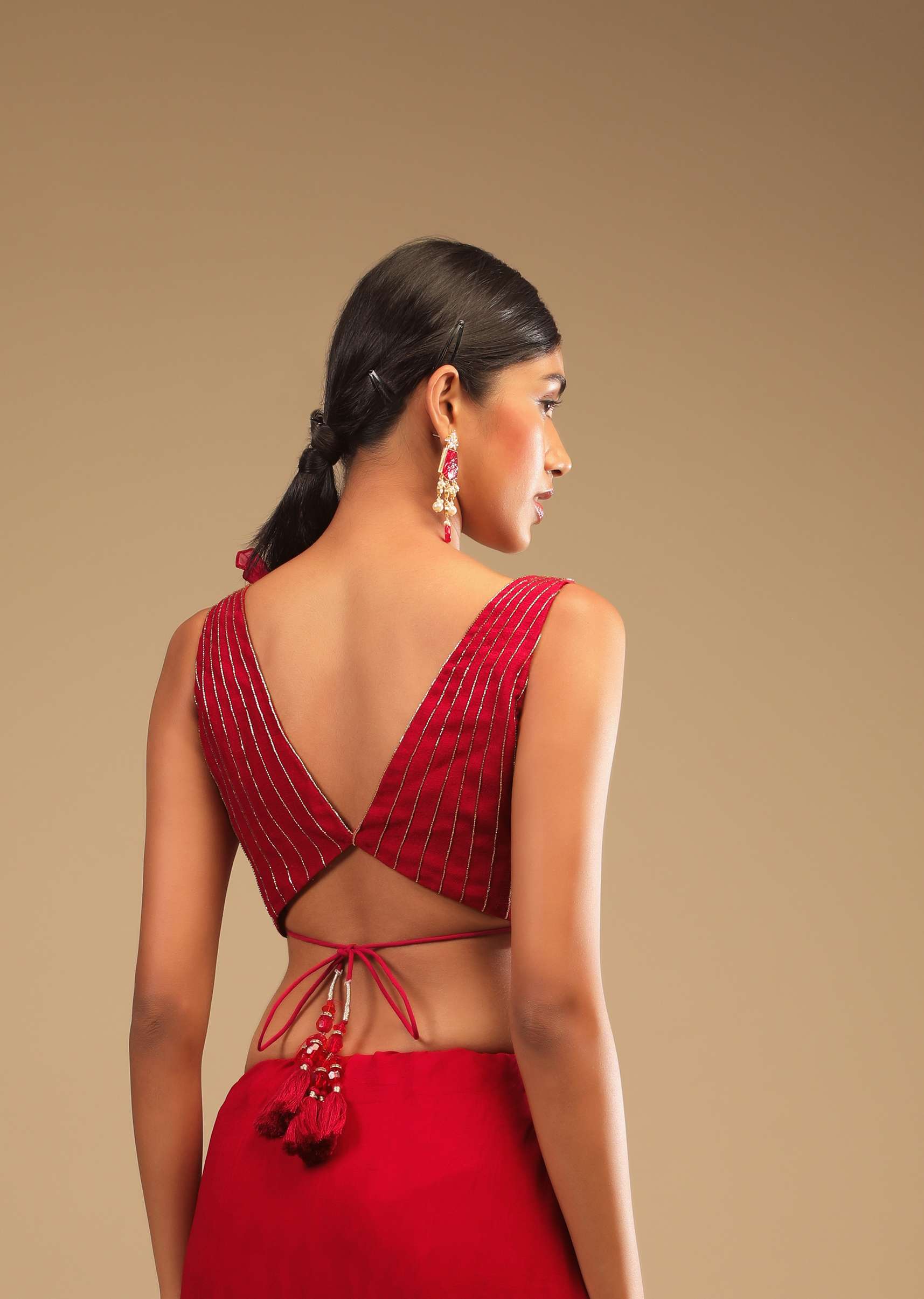 Cherry Red Saree In Georgette With Sequins And Cut Dana Embellished Border And A Ruffle Frill Adorned Crop Top - Image 7