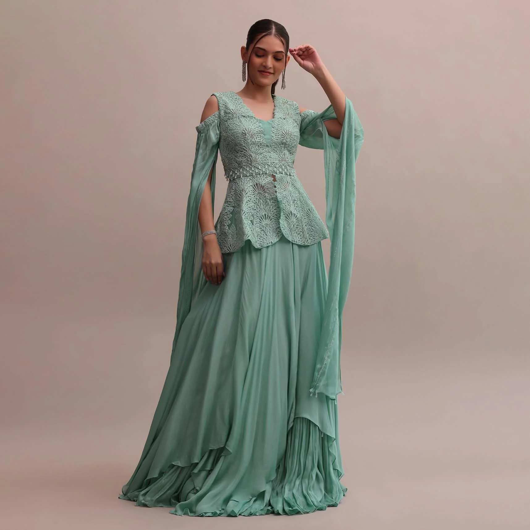 Chic Turquoise Blue Lehenga With Embroidered Off-Shoulder Short Kurta