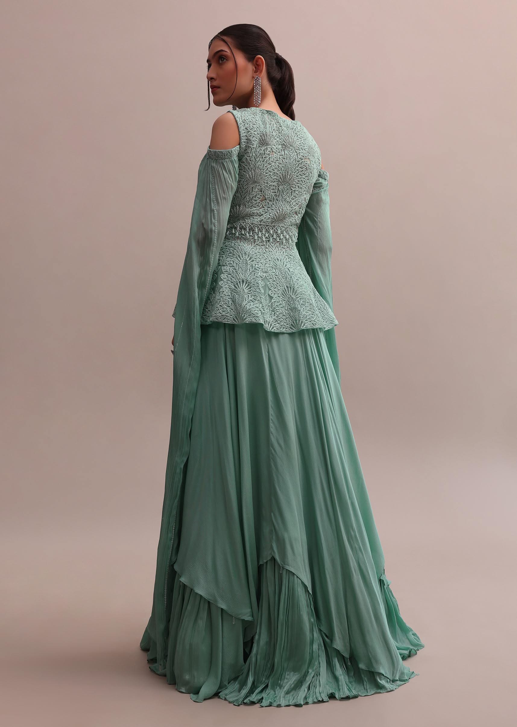 Chic Turquoise Blue Lehenga With Embroidered Off-Shoulder Short Kurta - Image 2