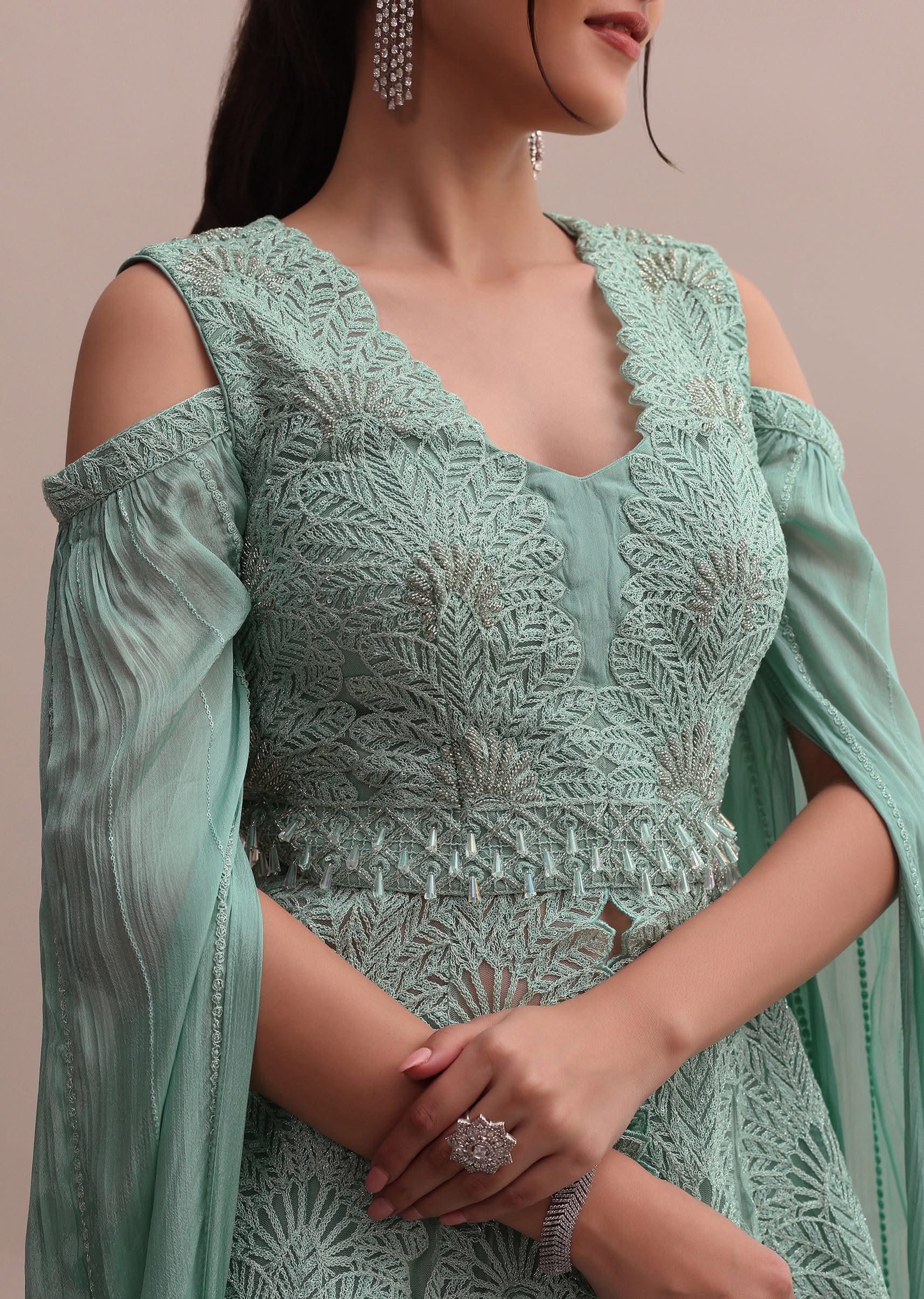 Chic Turquoise Blue Lehenga With Embroidered Off-Shoulder Short Kurta - Image 3