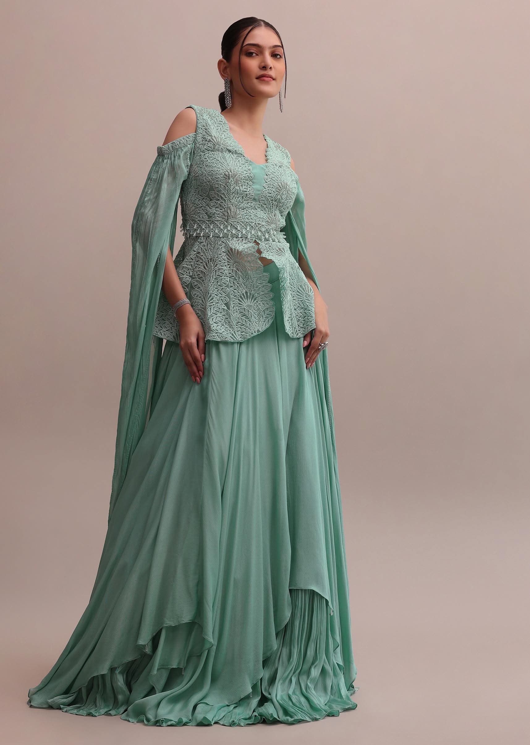 Chic Turquoise Blue Lehenga With Embroidered Off-Shoulder Short Kurta - Image 4