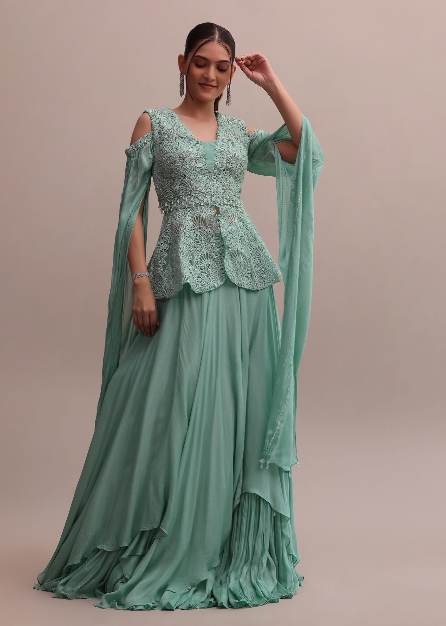 Chic Turquoise Blue Lehenga With Embroidered Off-Shoulder Short Kurta - Image 7