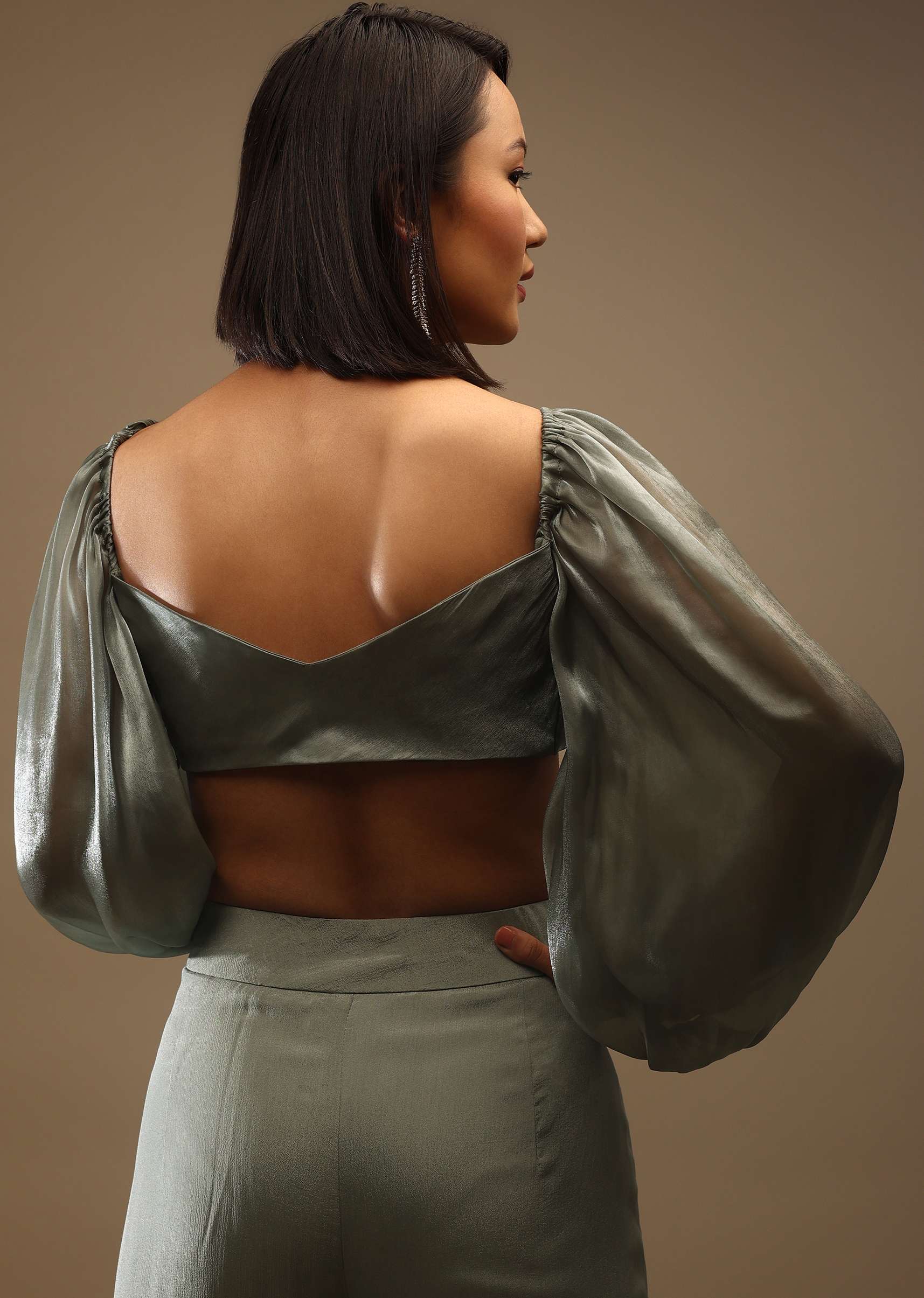 Chino's Green Bow Tie Blouse In Plunging V Neckline Bishop Sleeves, Side Zip Closure - Image 2