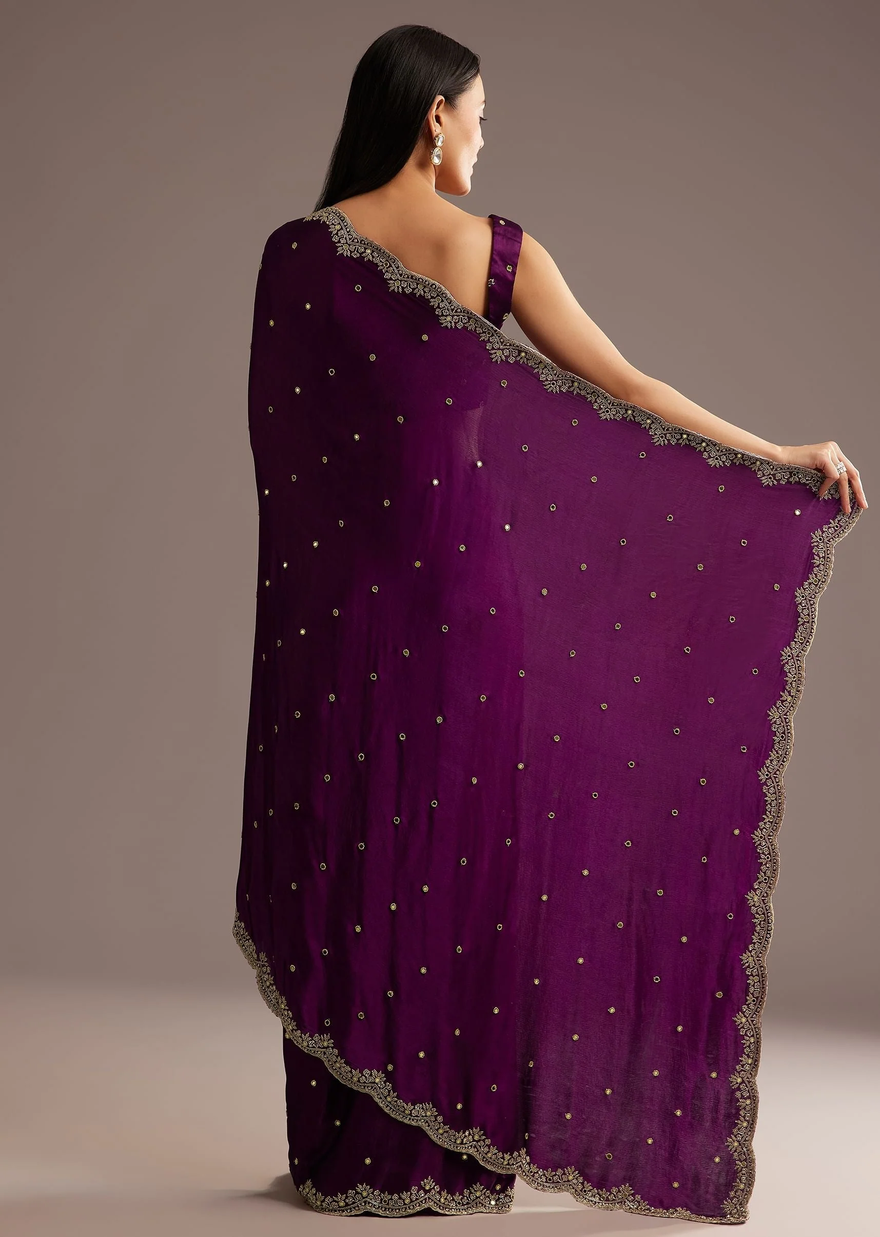 Chinon Satin Saree With Cutdana And Mirror Embellishment - Image 6