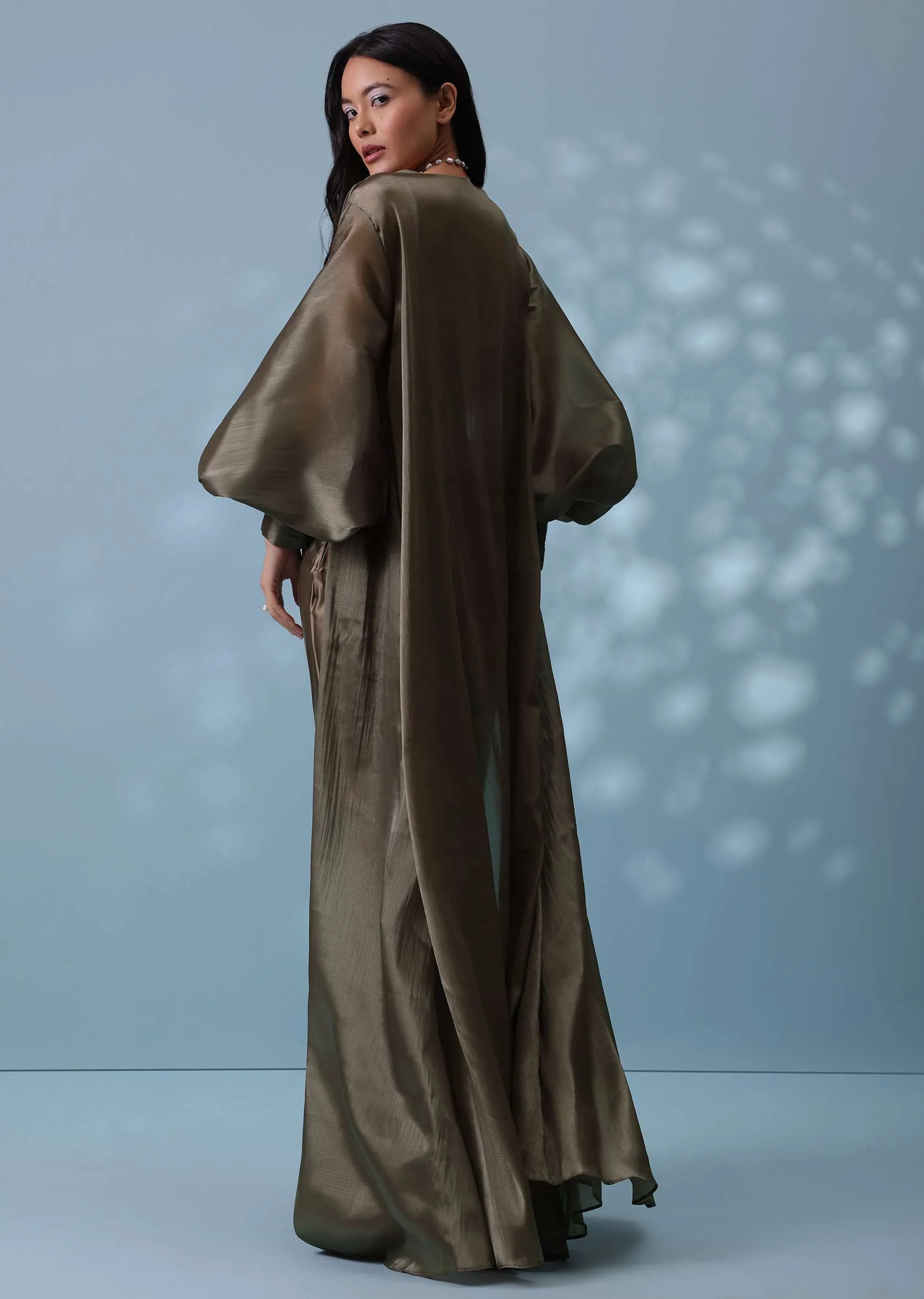 Chocolate Brown Indowestern Skirt Set With Jacket In Milano Organza - Image 2