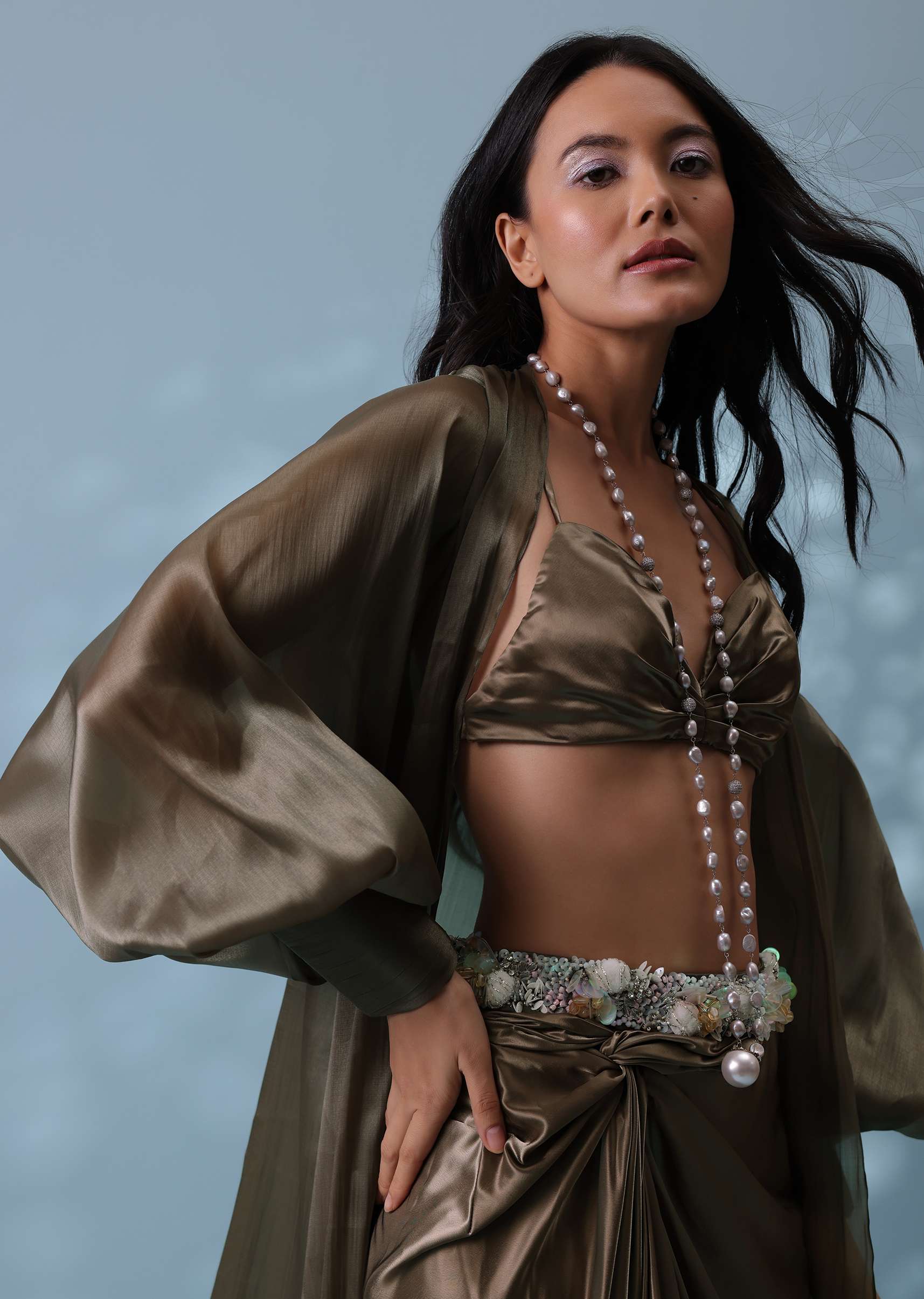 Chocolate Brown Indowestern Skirt Set With Jacket In Milano Organza - Image 4