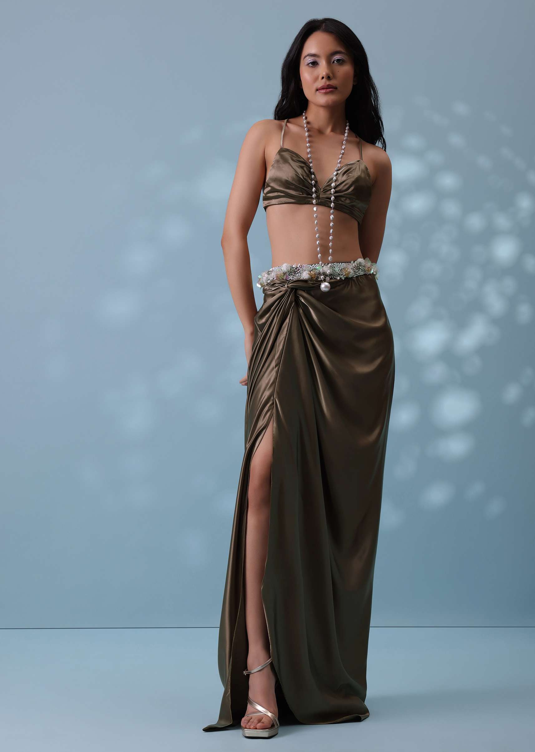 Chocolate Brown Indowestern Skirt Set With Jacket In Milano Organza - Image 6