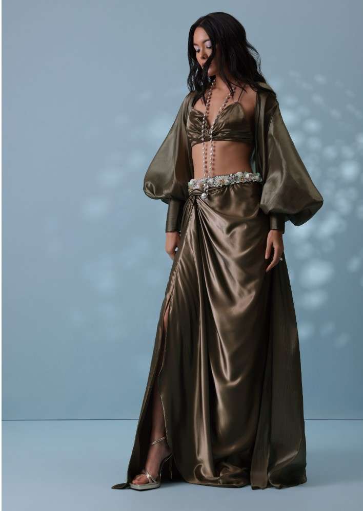 Chocolate Brown Indowestern Skirt Set With Jacket In Milano Organza - Image 7