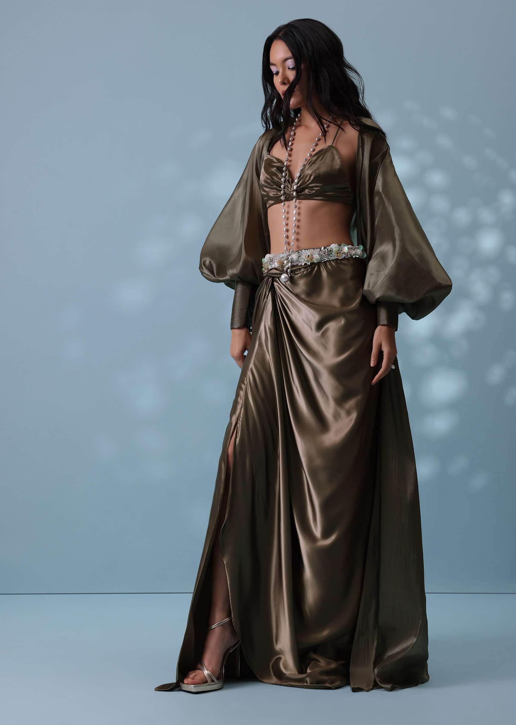 Chocolate Brown Indowestern Skirt Set With Jacket In Milano Organza - Image 8