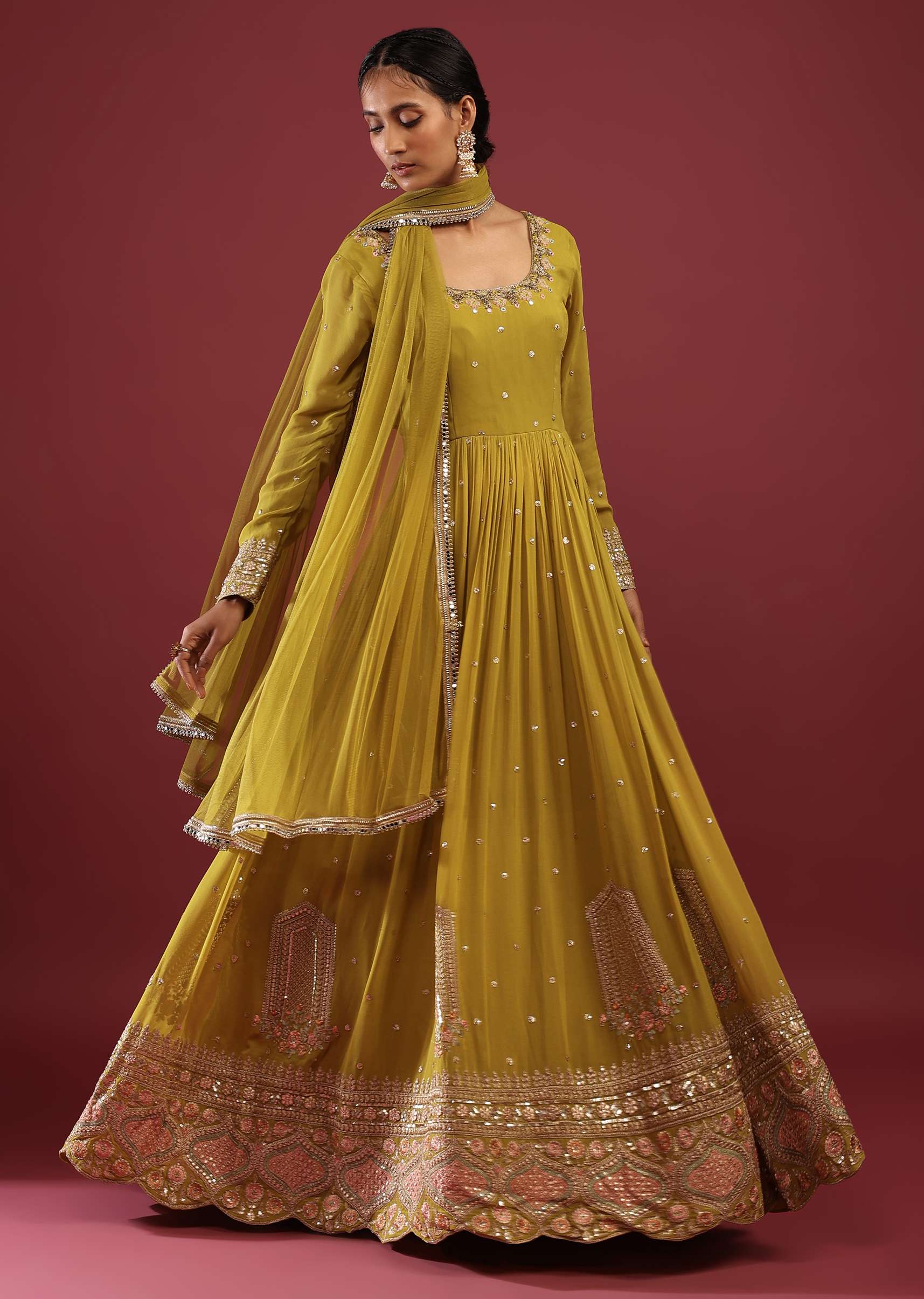 Lime Green Anarkali Suit In Georgette With Multicolored Resham And Zari Embroidered Mughal Design - Image 3