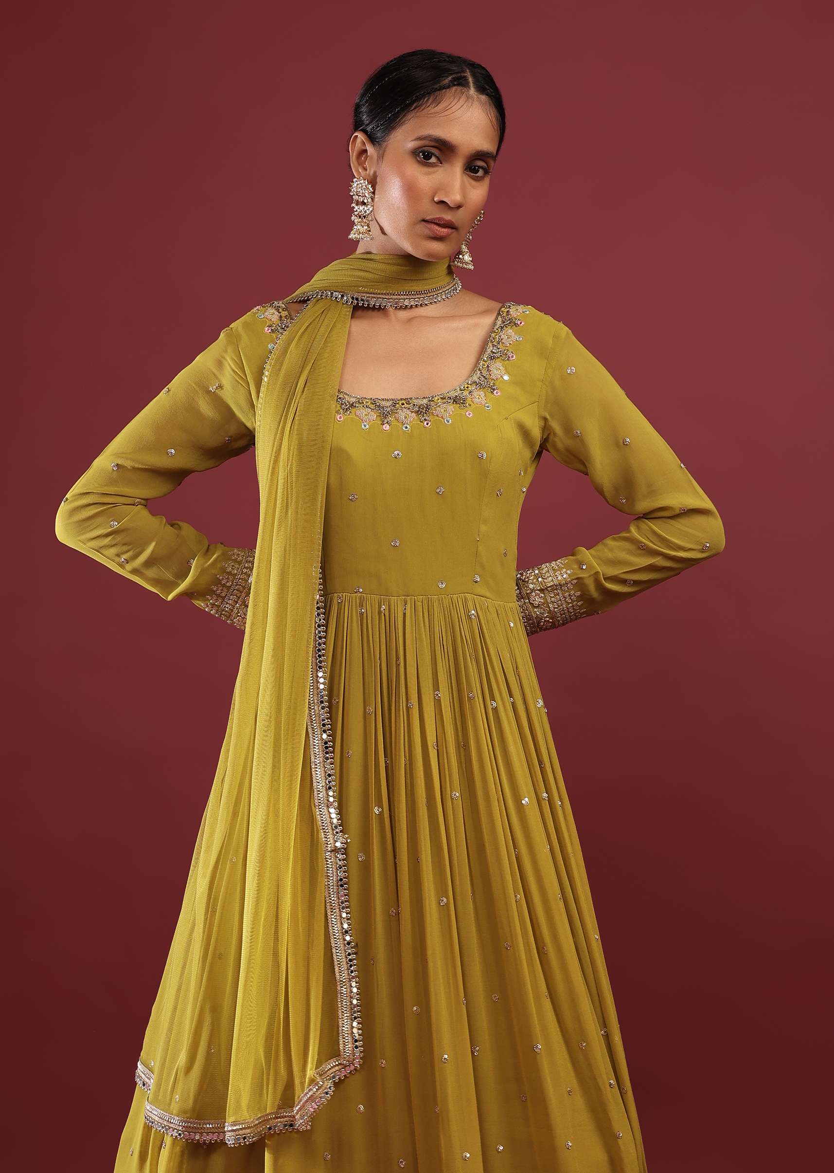 Lime Green Anarkali Suit In Georgette With Multicolored Resham And Zari Embroidered Mughal Design - Image 4