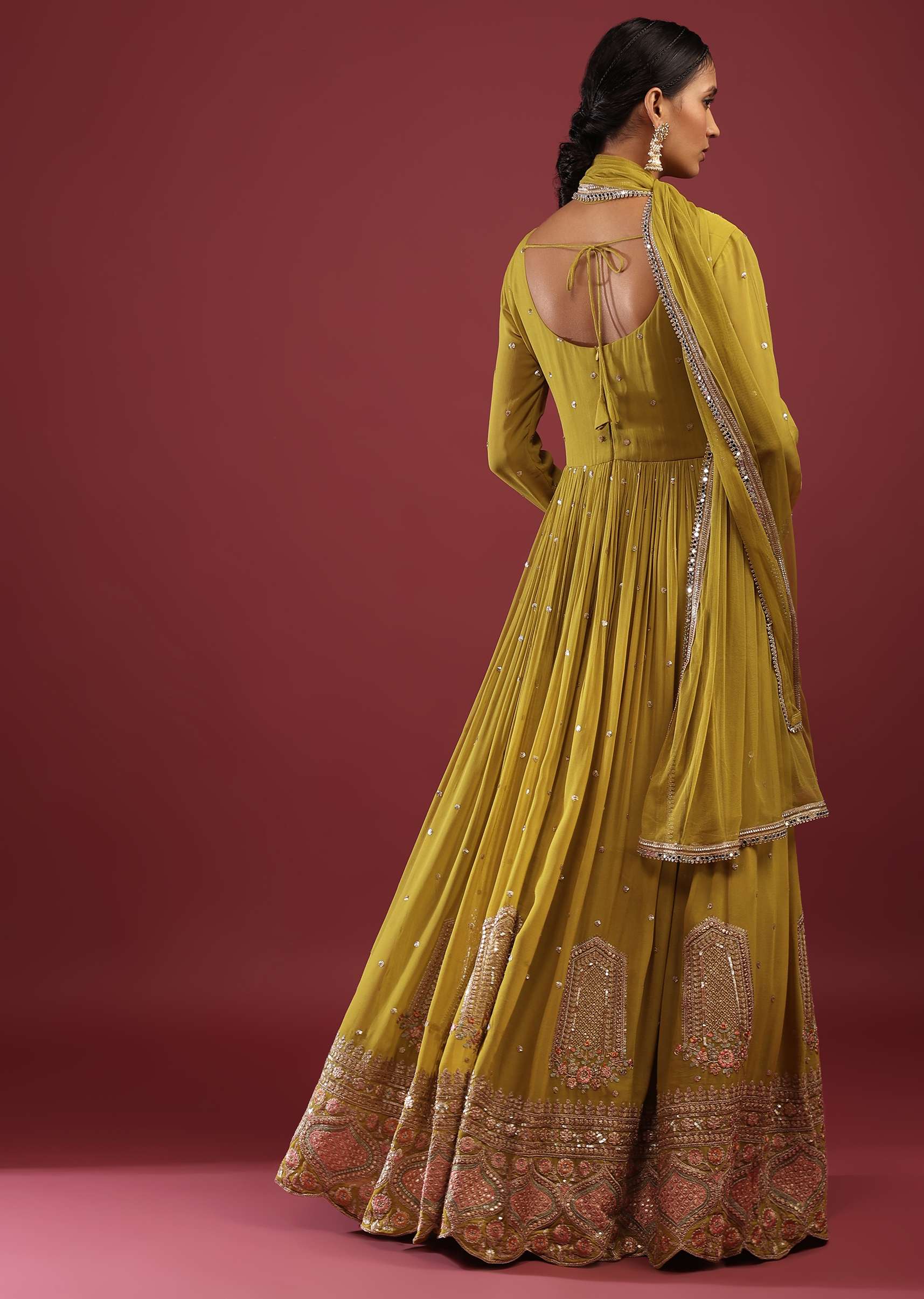 Lime Green Anarkali Suit In Georgette With Multicolored Resham And Zari Embroidered Mughal Design - Image 6