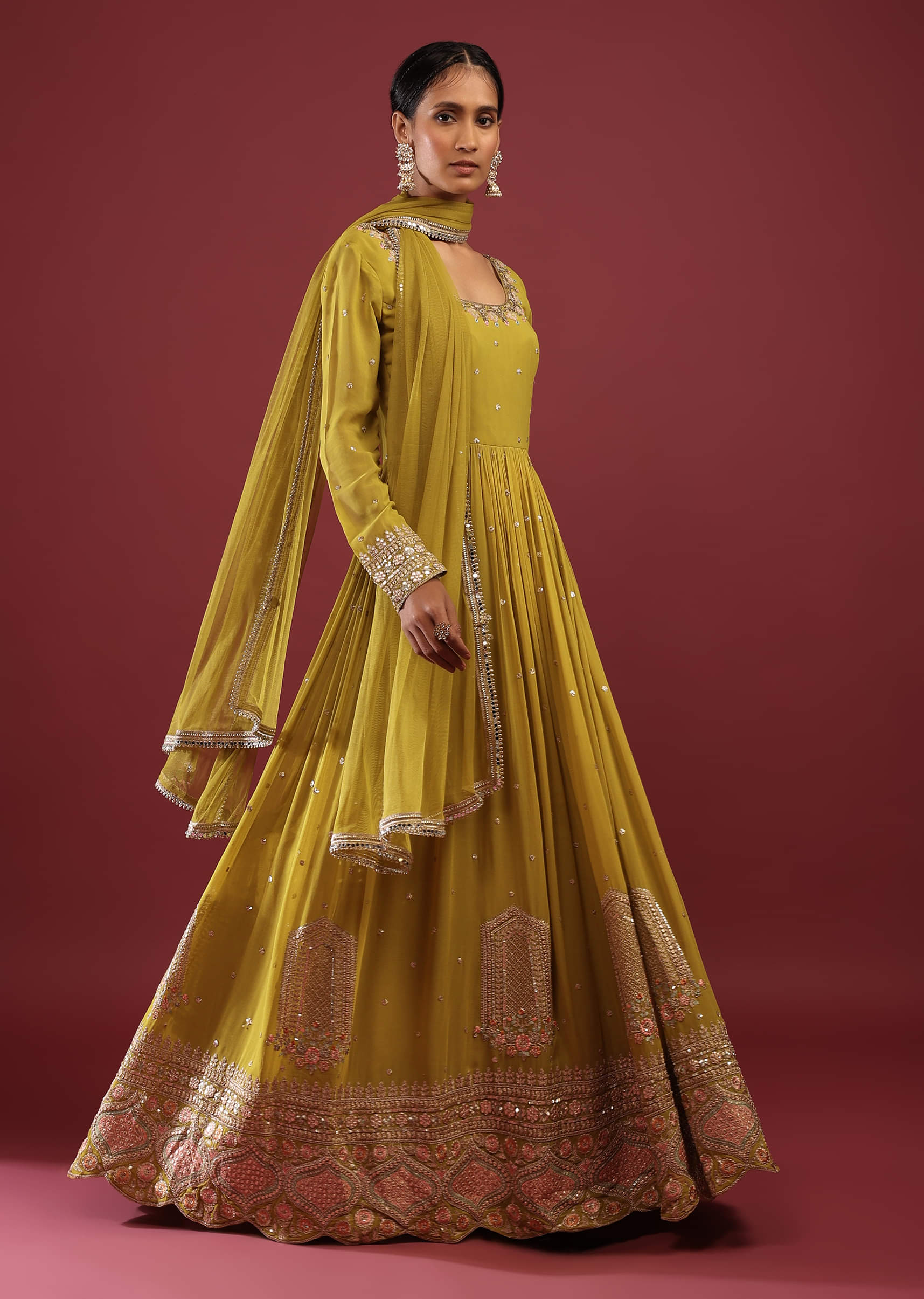 Lime Green Anarkali Suit In Georgette With Multicolored Resham And Zari Embroidered Mughal Design - Image 7