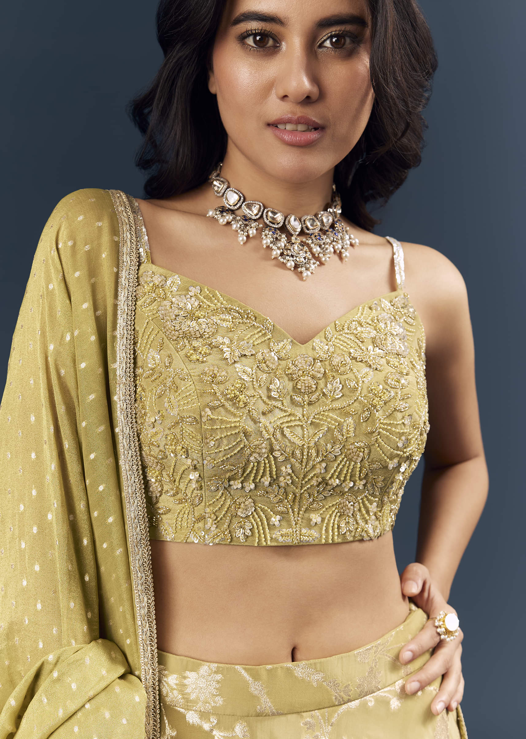Citrus Green Banarasi Silk Bridesmaid Lehenga With Heavy Hand Embroidery - Image 3