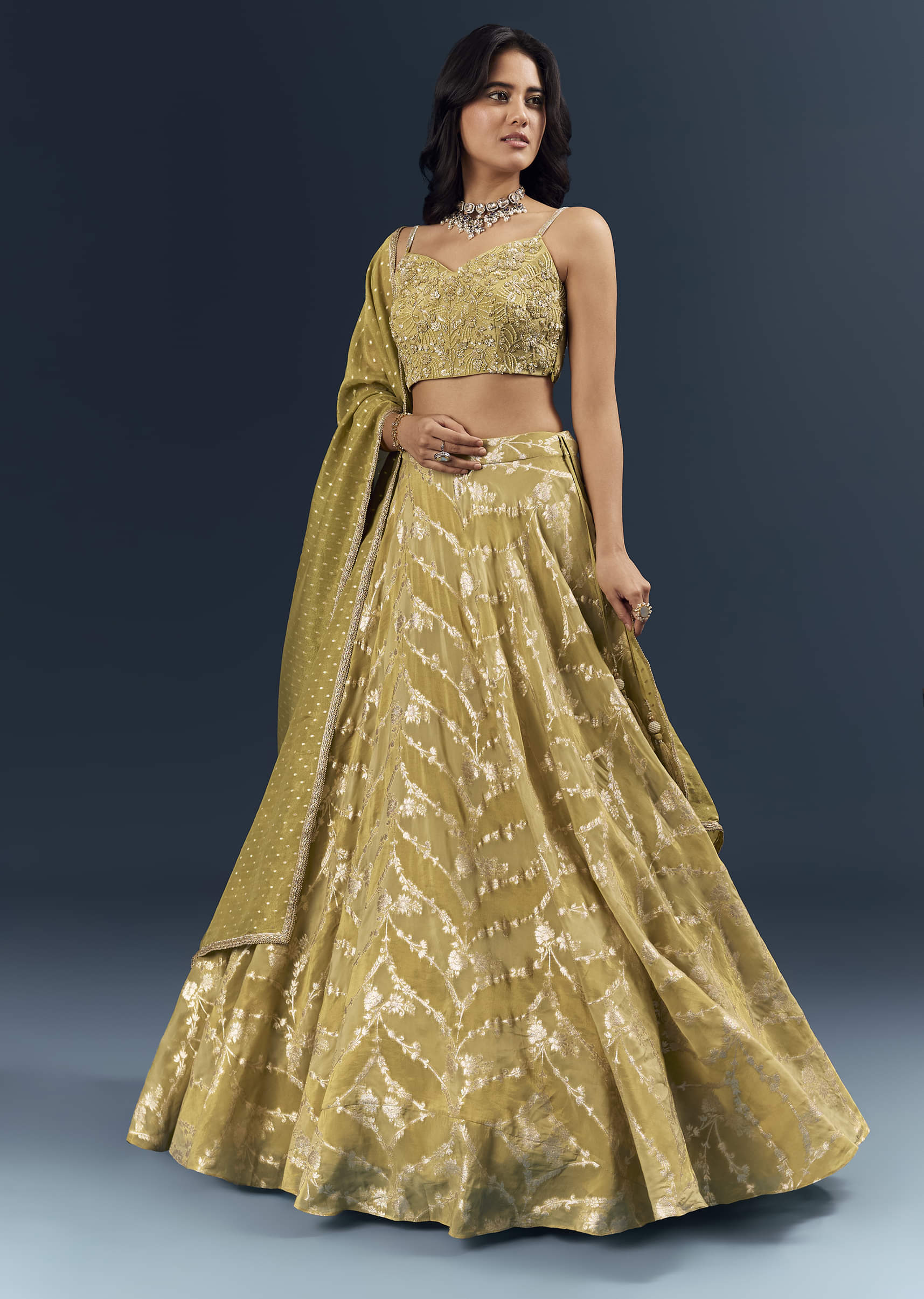 Citrus Green Banarasi Silk Bridesmaid Lehenga With Heavy Hand Embroidery - Image 4