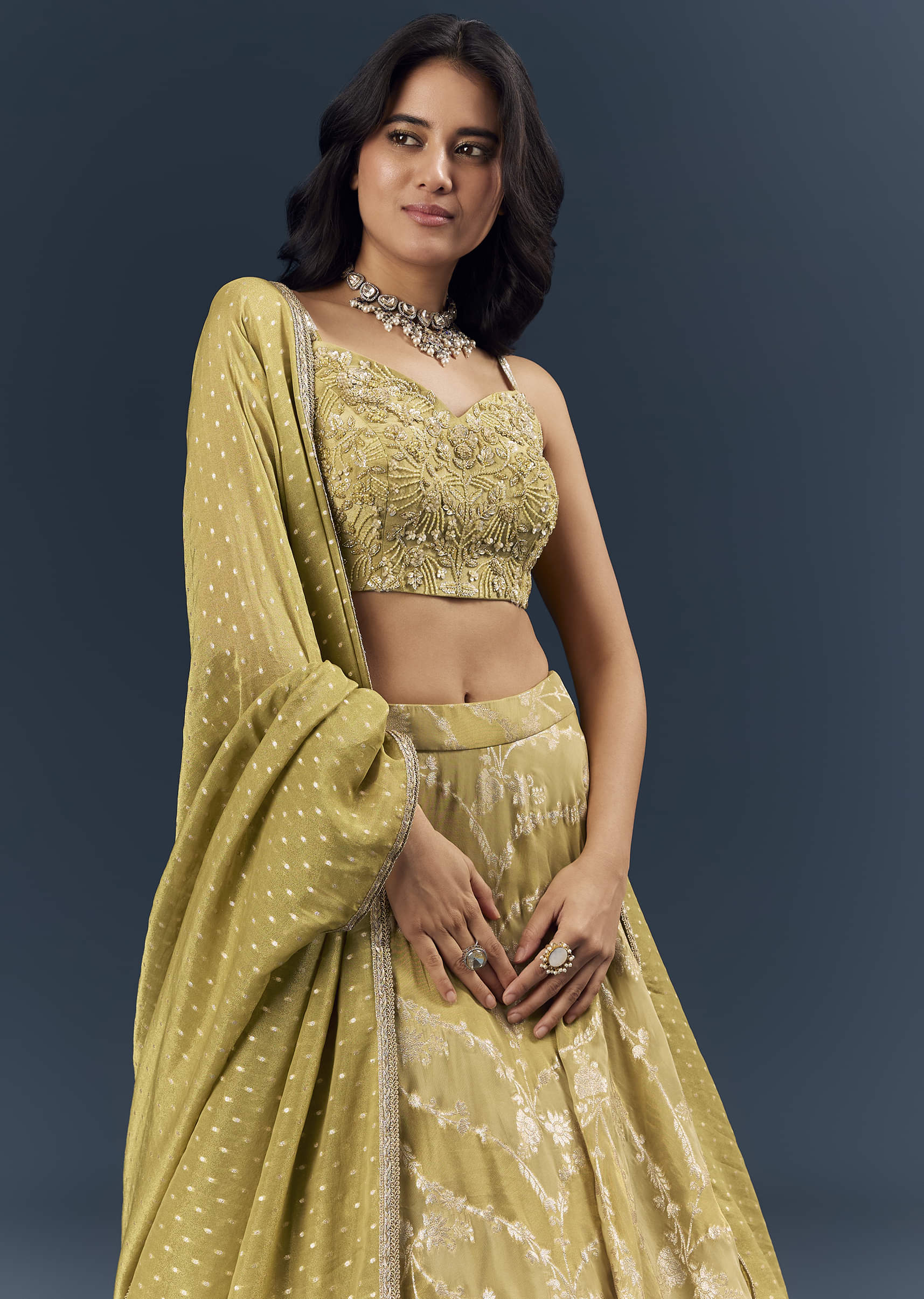 Citrus Green Banarasi Silk Bridesmaid Lehenga With Heavy Hand Embroidery - Image 5