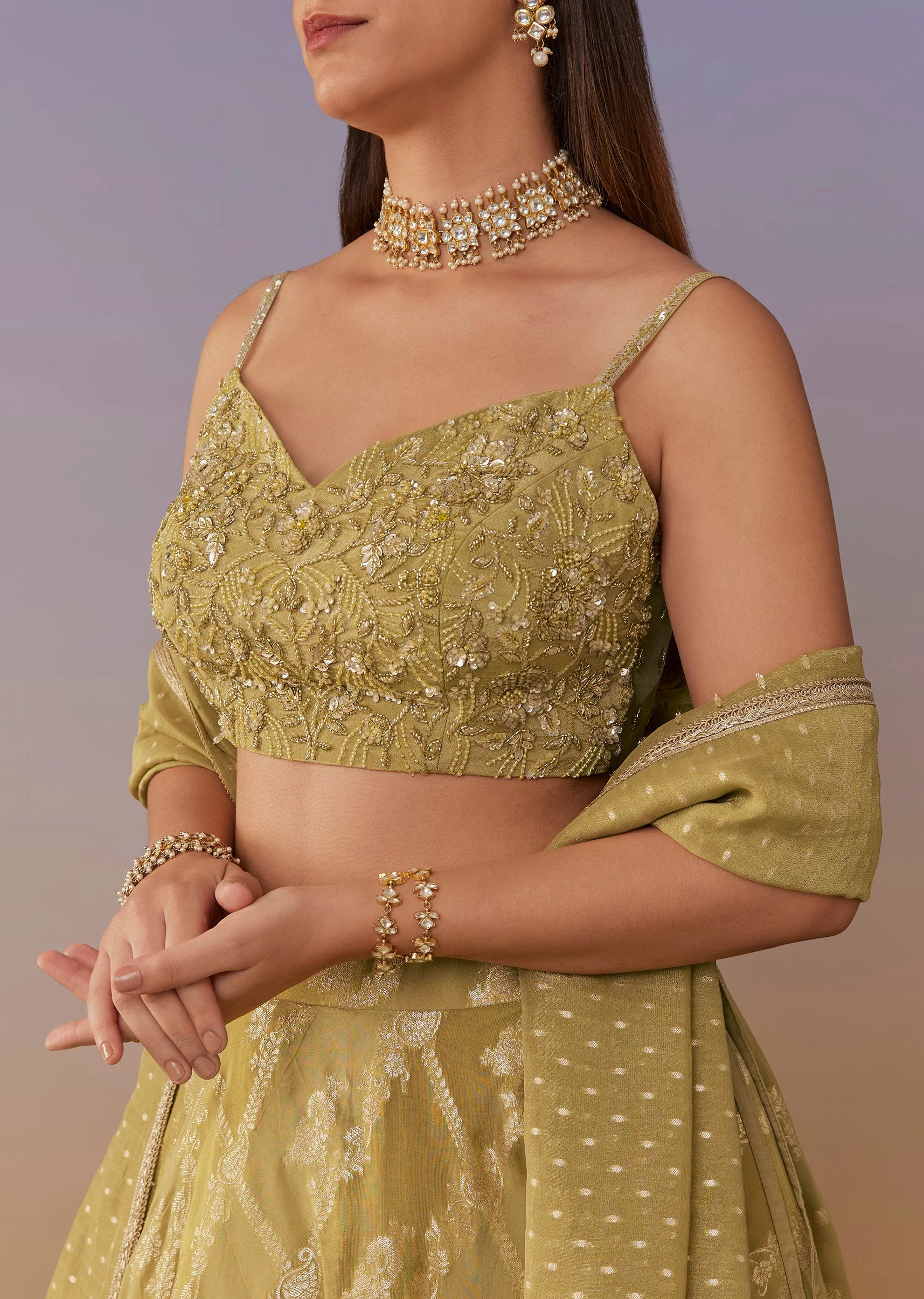 Citrus Green Banarasi Silk Lehenga Set With Sequins And Bead Detailing - Image 3