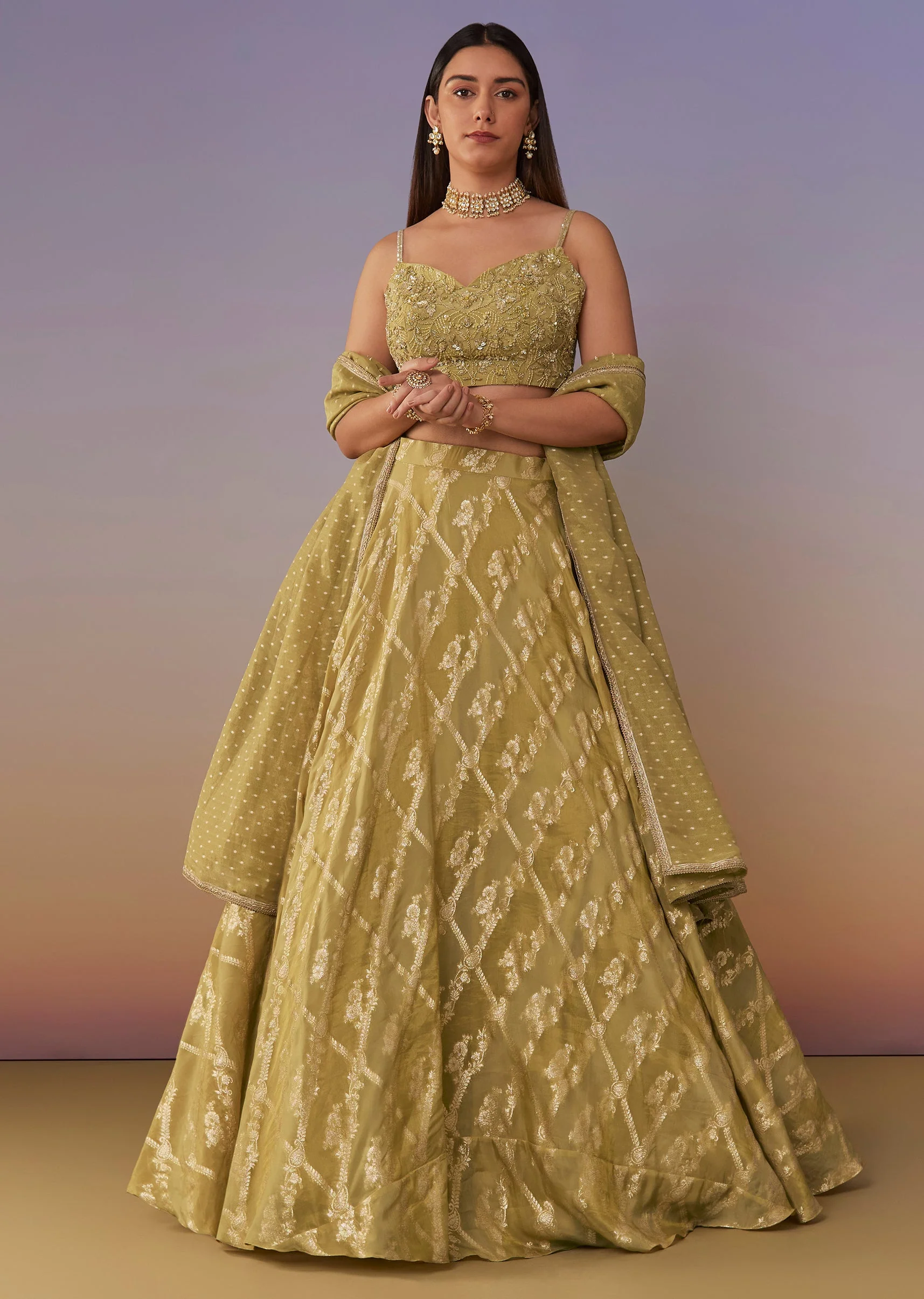 Citrus Green Banarasi Silk Lehenga Set With Sequins And Bead Detailing - Image 4