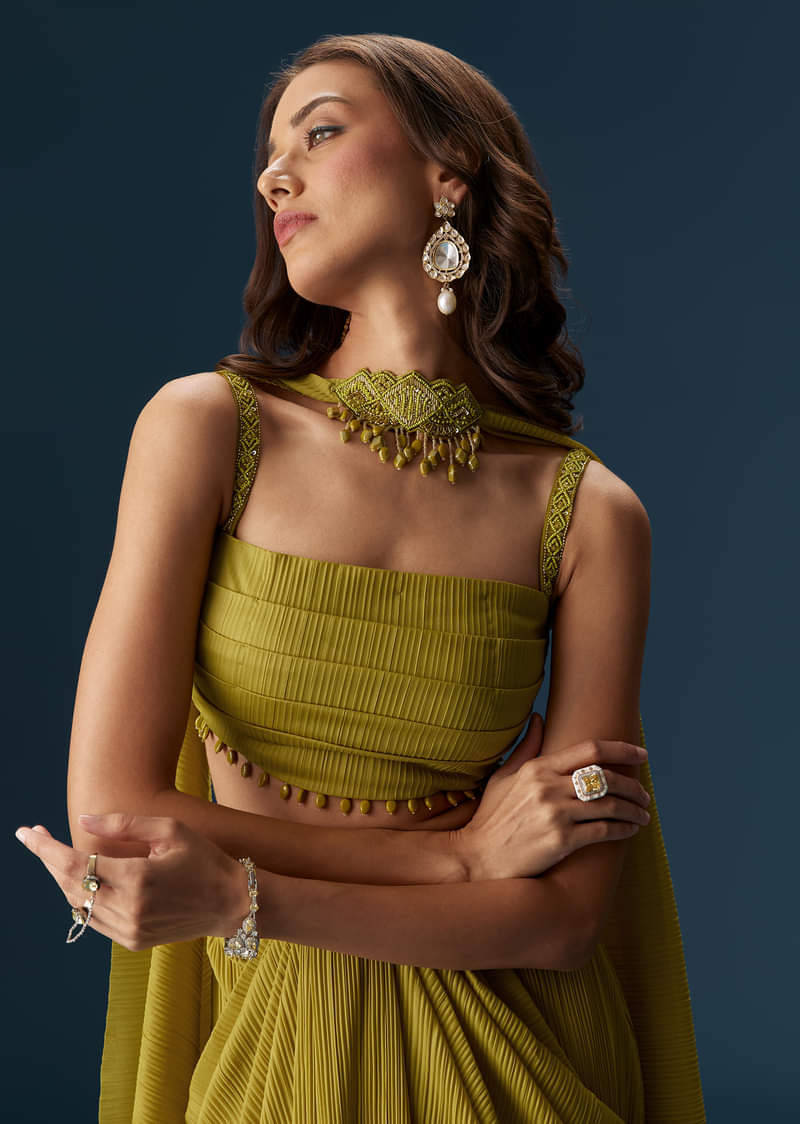 Citrus Green Drape Skirt With Pleated Bustier And Choker Style Dupatta - Image 3