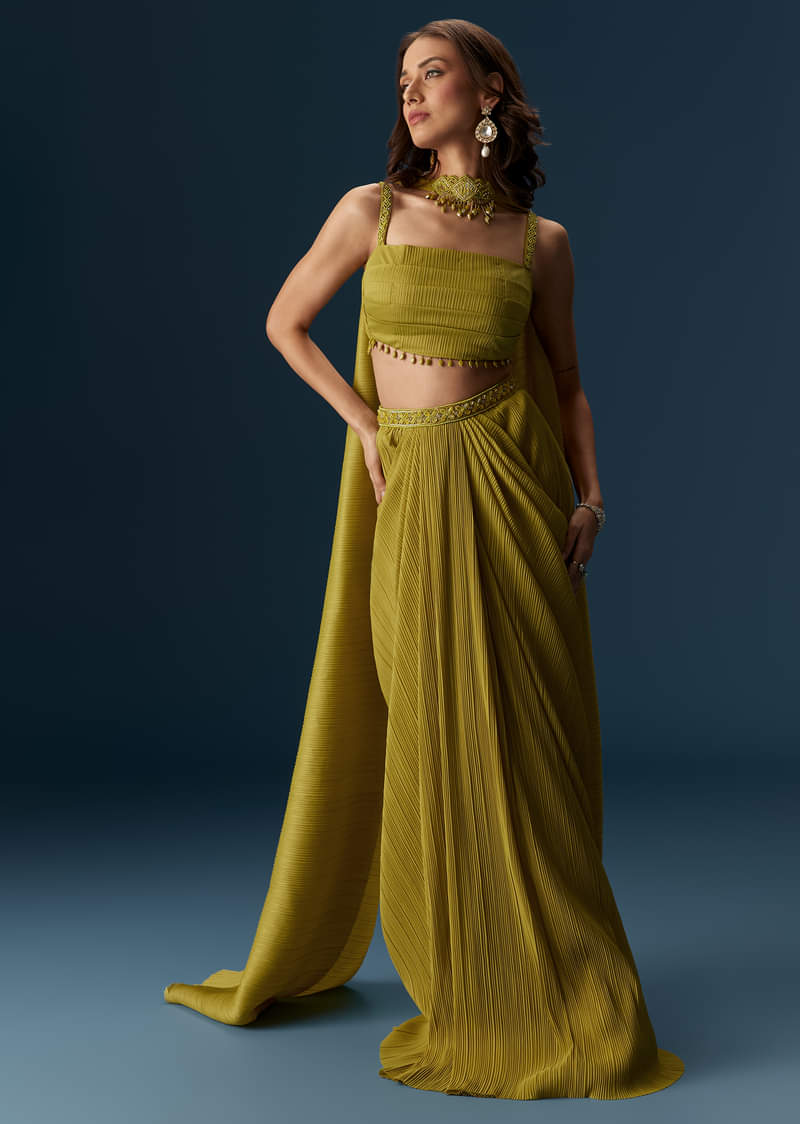 Citrus Green Drape Skirt With Pleated Bustier And Choker Style Dupatta - Image 4