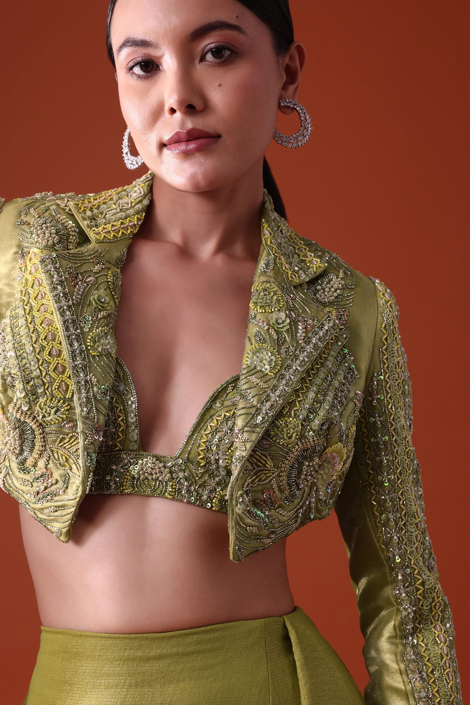 Citrus Green Draped Slit Skirt With Embroidered Short Jacket - Image 2