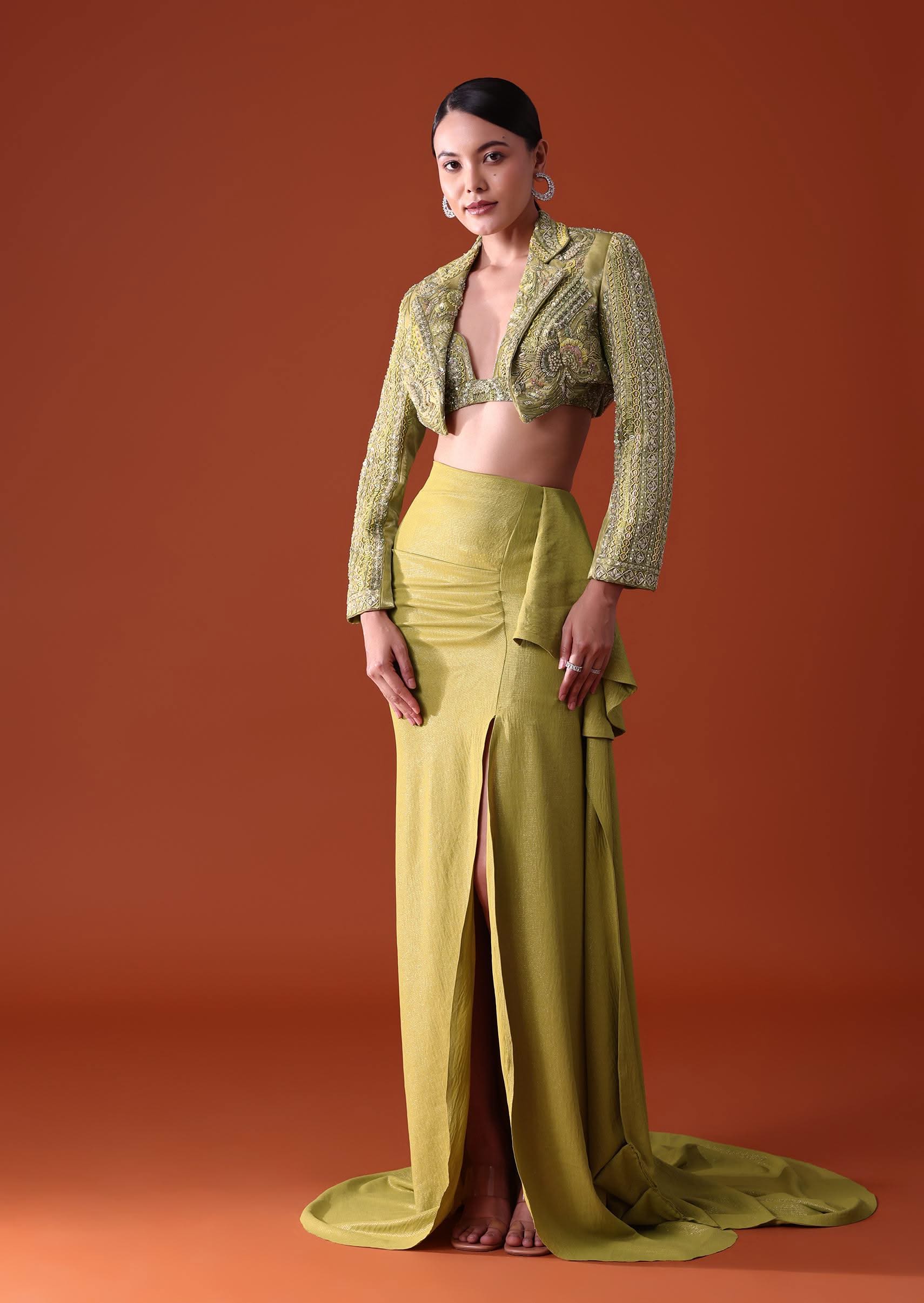 Citrus Green Draped Slit Skirt With Embroidered Short Jacket - Image 3