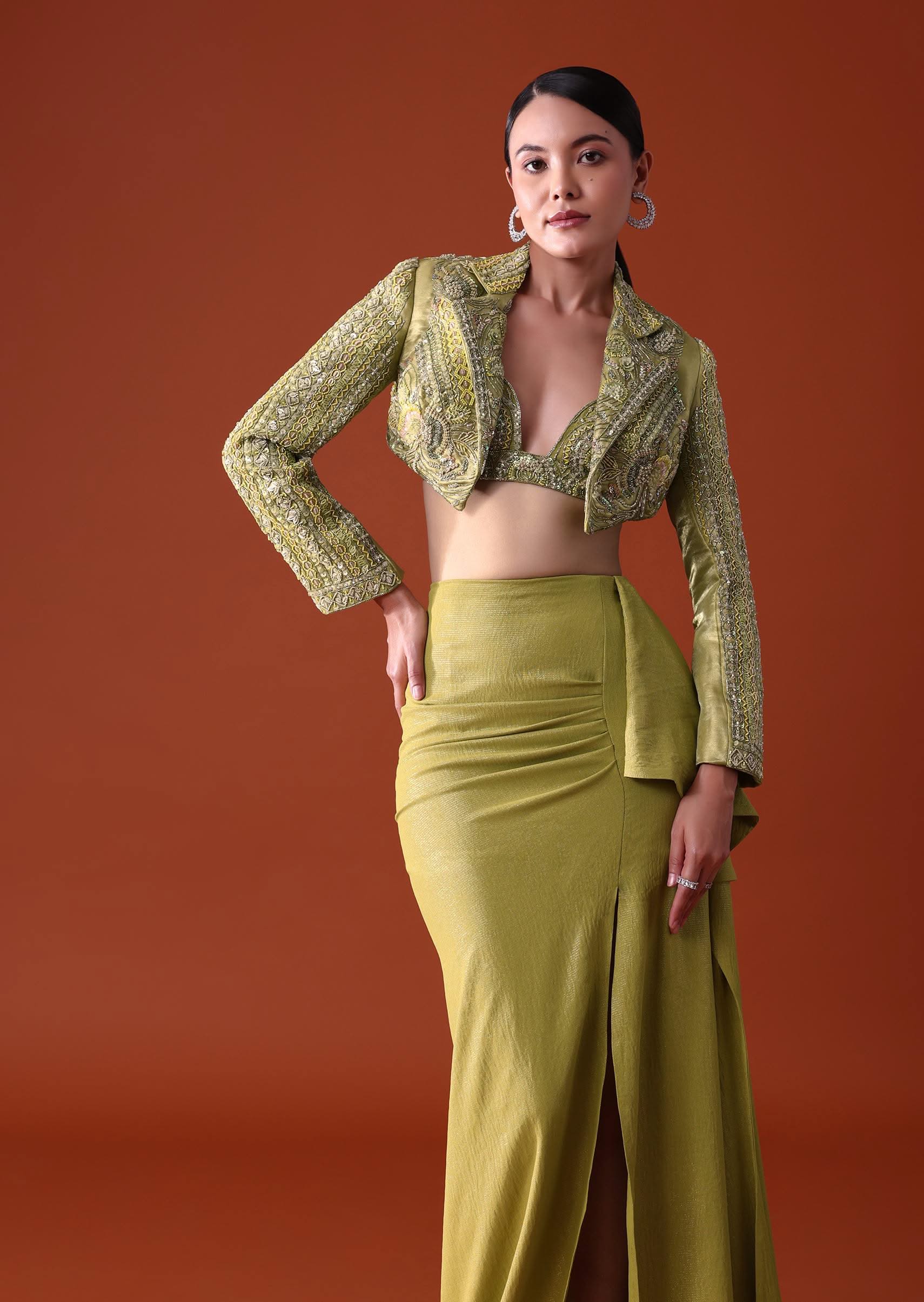 Citrus Green Draped Slit Skirt With Embroidered Short Jacket - Image 5
