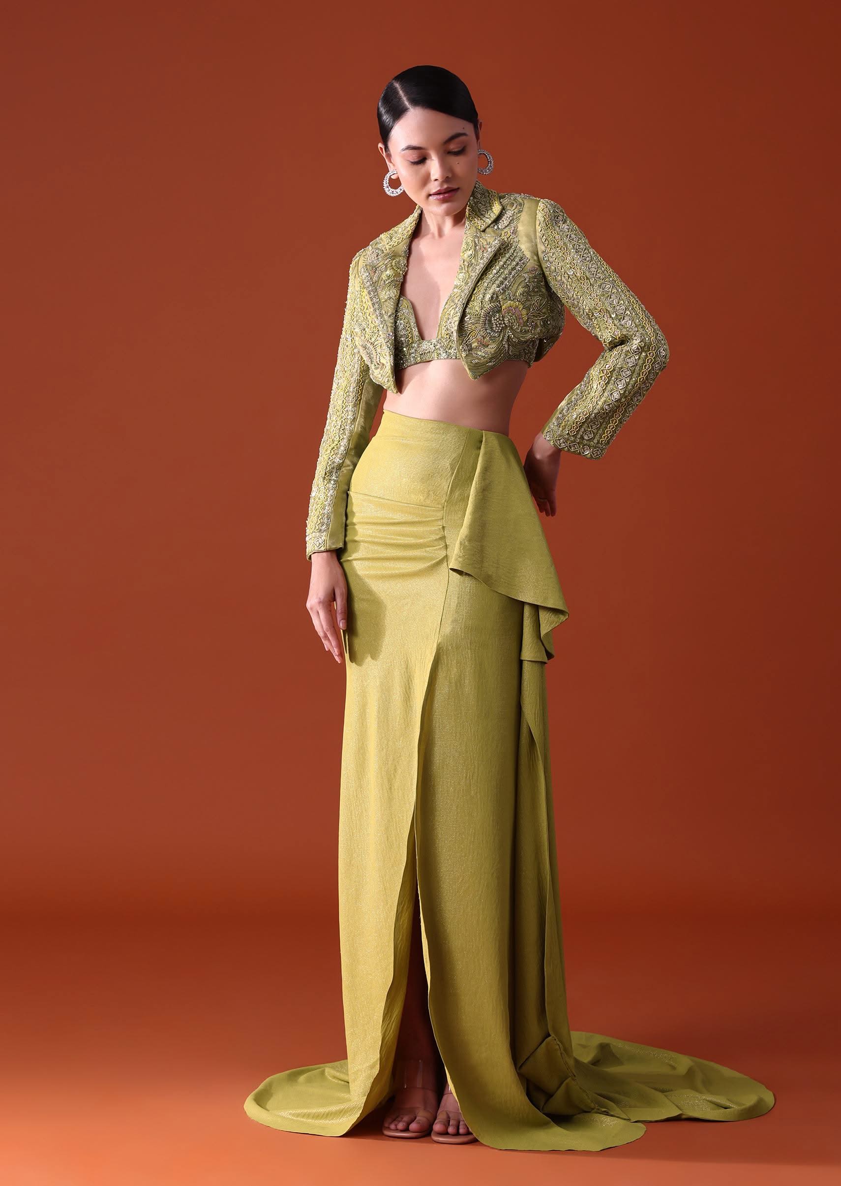 Citrus Green Draped Slit Skirt With Embroidered Short Jacket - Image 6