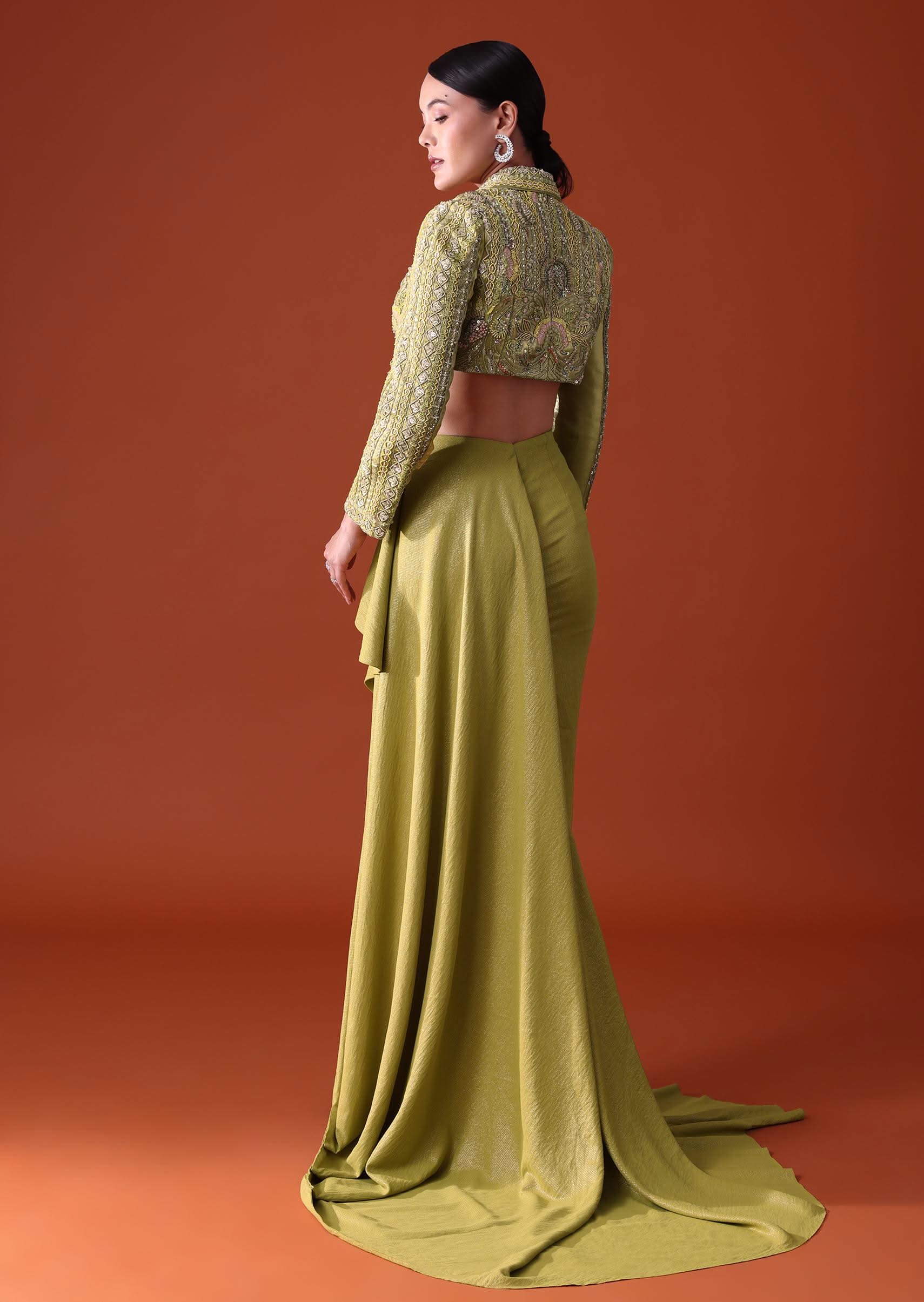 Citrus Green Draped Slit Skirt With Embroidered Short Jacket - Image 7