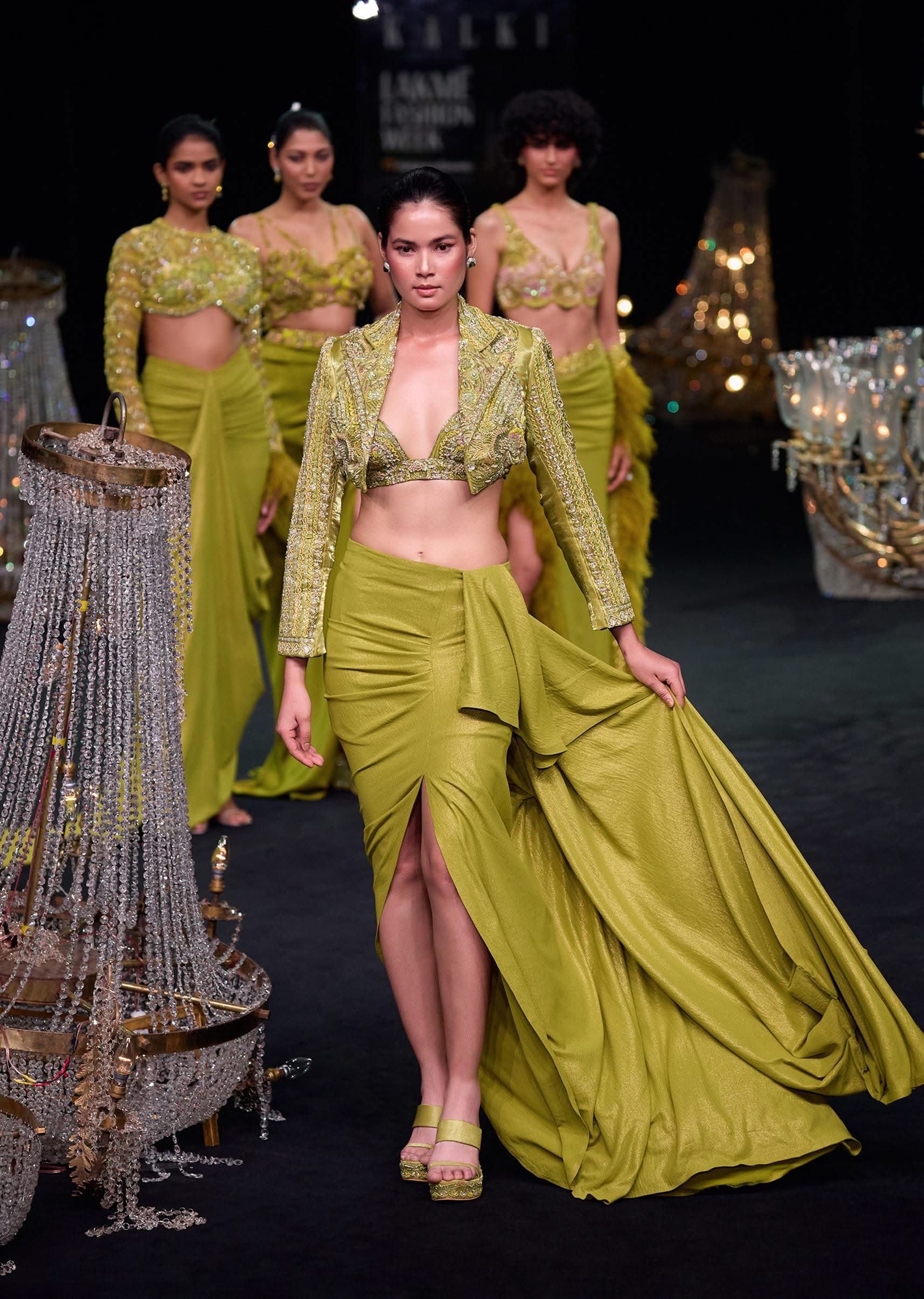 Citrus Green Draped Slit Skirt With Embroidered Short Jacket - Image 8
