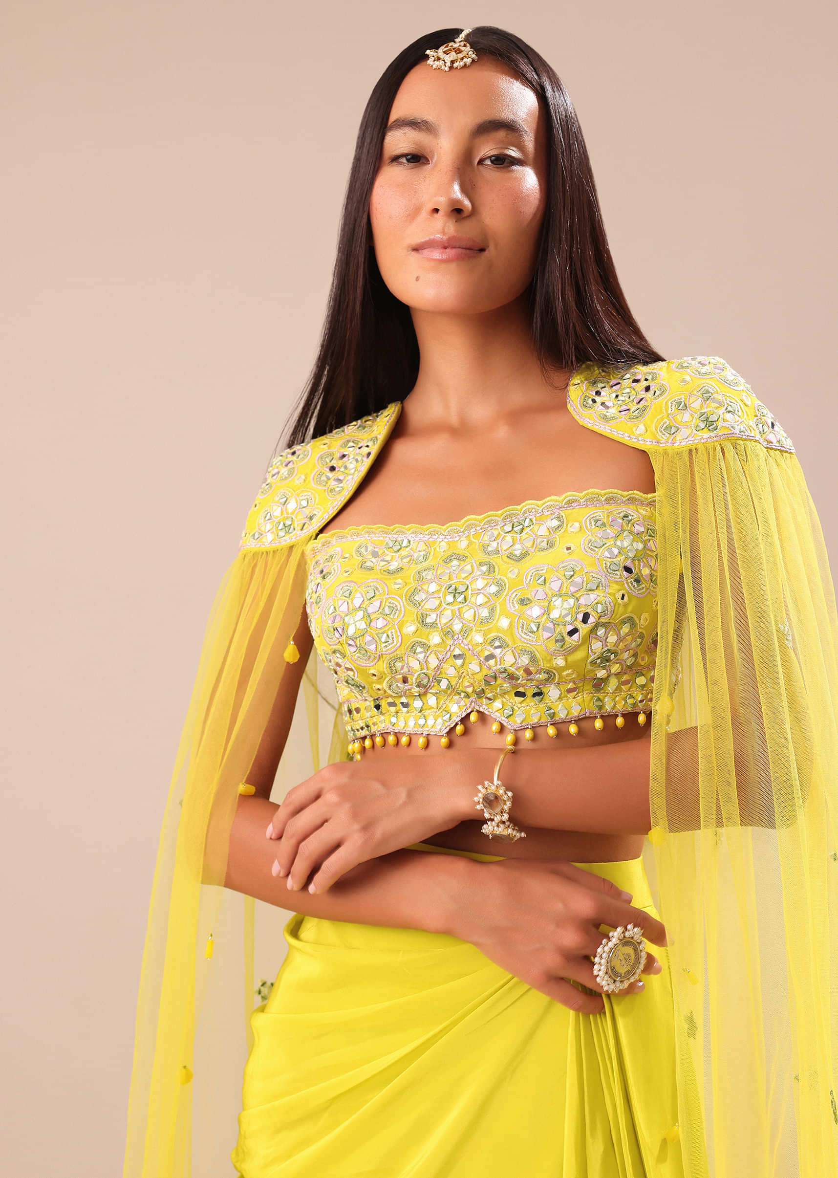Citrus Green Draped Skirt With Embroidered Blouse And Cape - Image 2