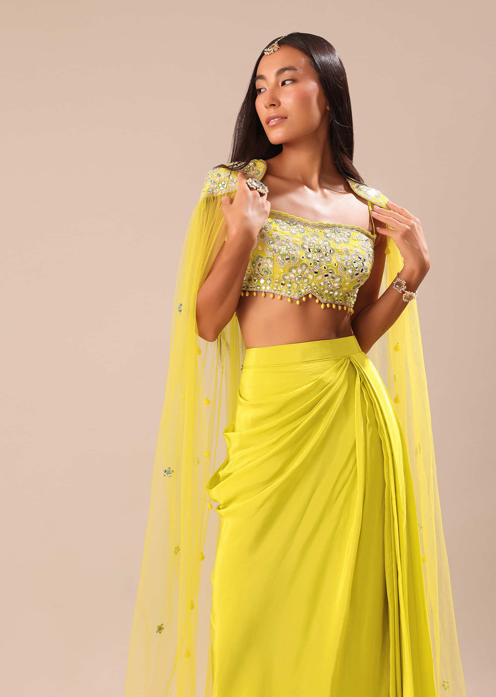 Citrus Green Draped Skirt With Embroidered Blouse And Cape - Image 4