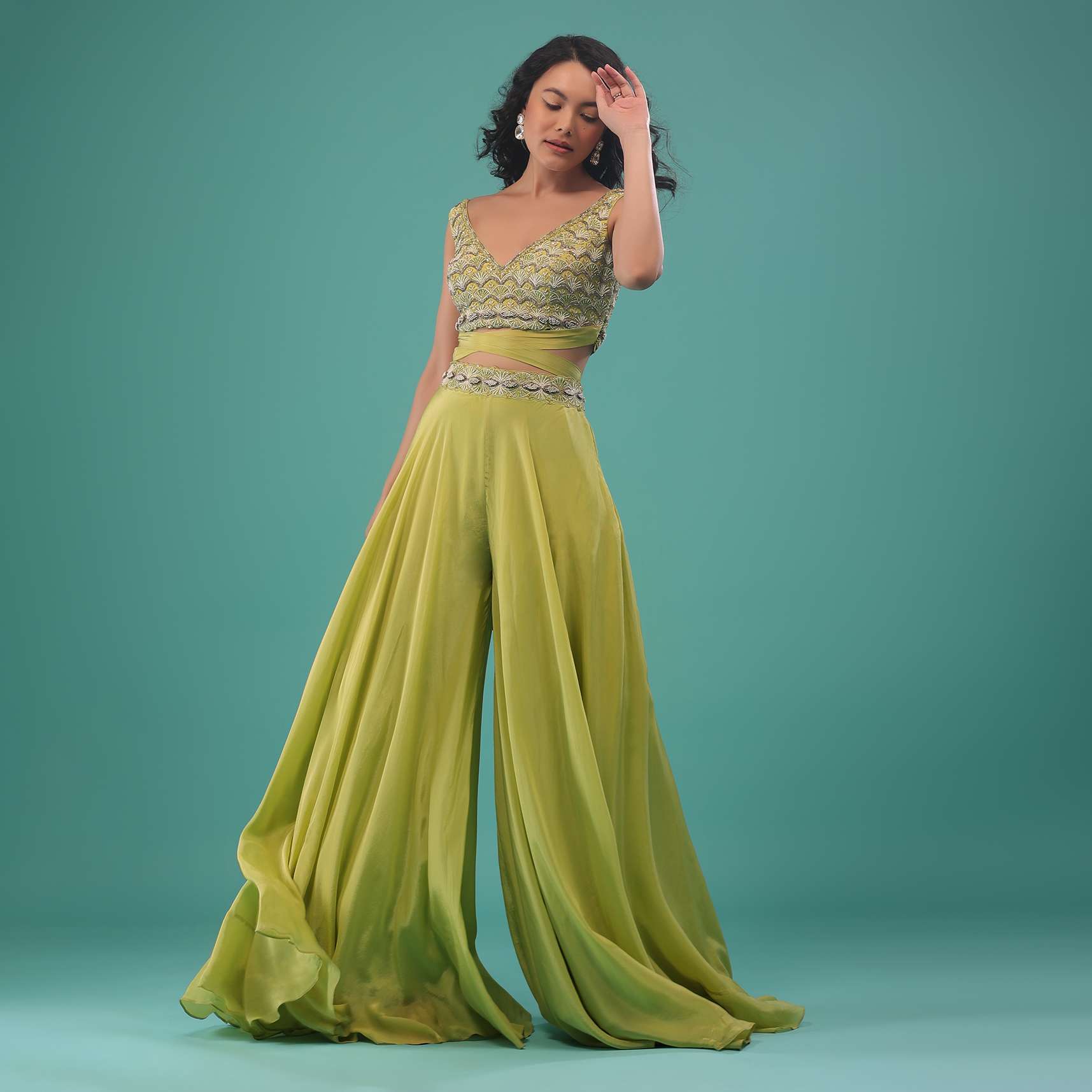 Citrus Green Flared Palazzo And A Crop Top Set, Crafted In Crepe With A Side Zip Closure - Image 2