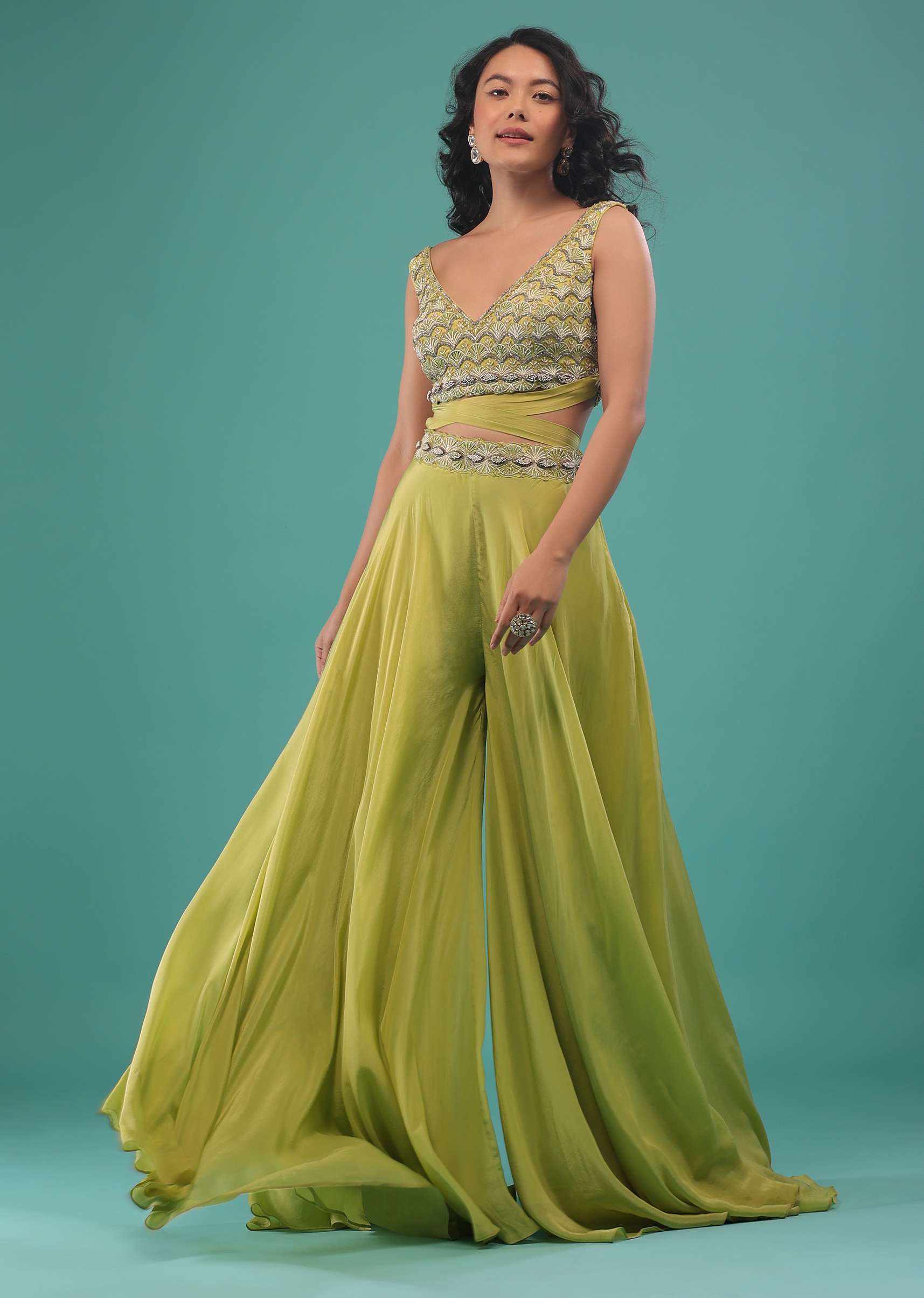 Citrus Green Flared Palazzo And A Crop Top Set, Crafted In Crepe With A Side Zip Closure - Image 3