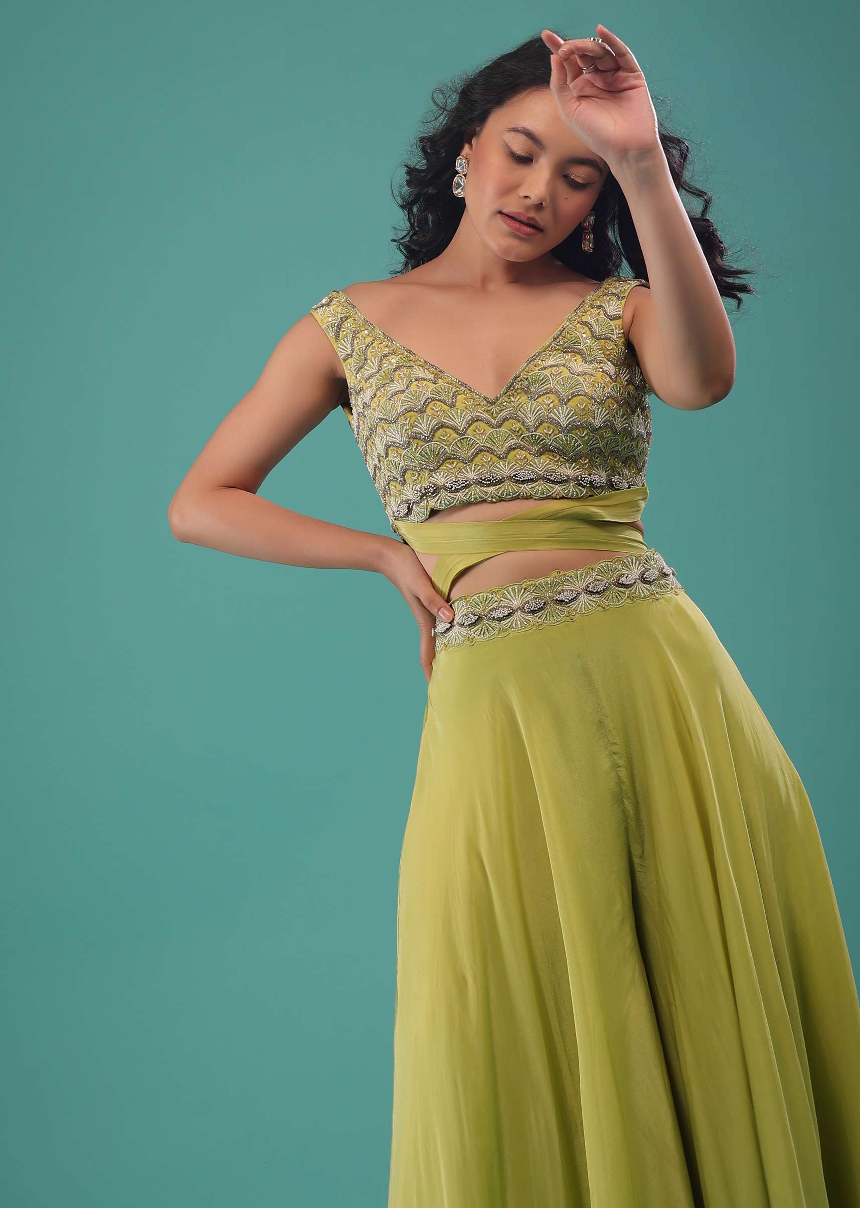 Citrus Green Flared Palazzo And A Crop Top Set, Crafted In Crepe With A Side Zip Closure - Image 4