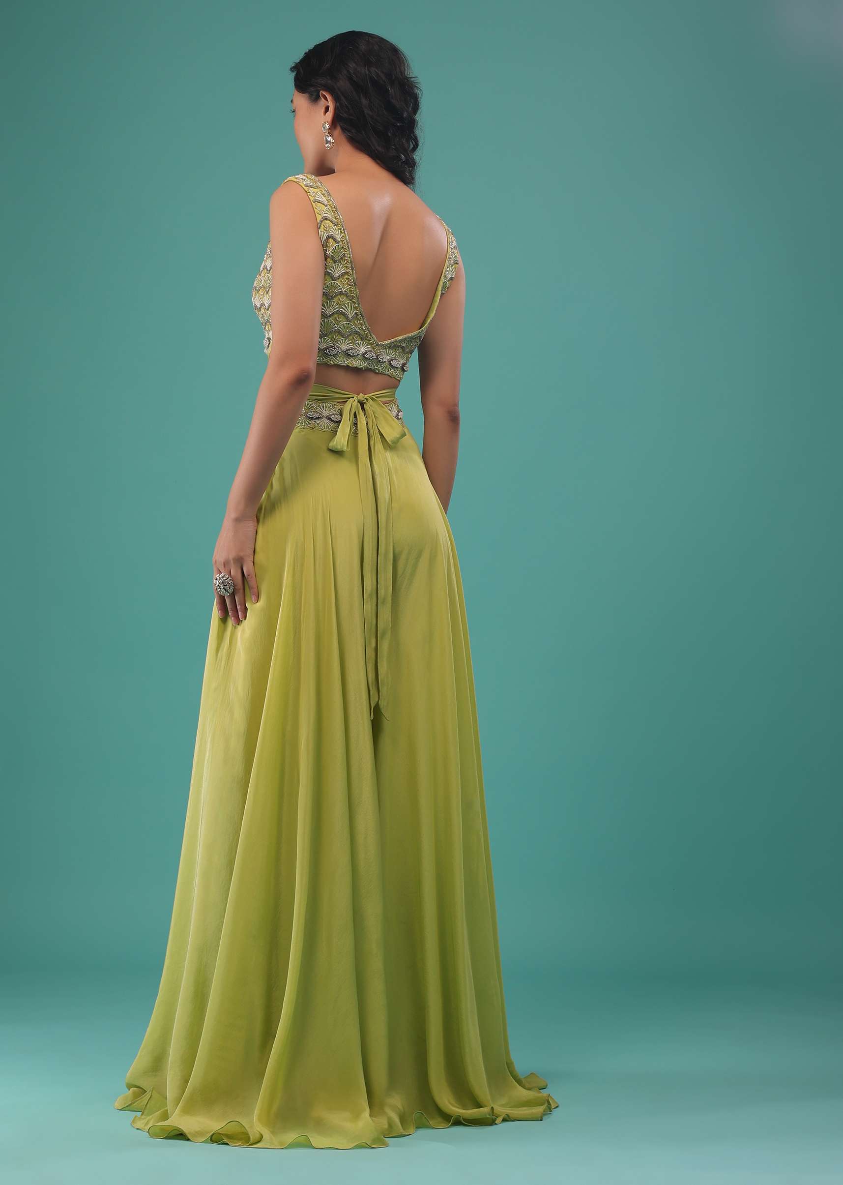Citrus Green Flared Palazzo And A Crop Top Set, Crafted In Crepe With A Side Zip Closure - Image 6