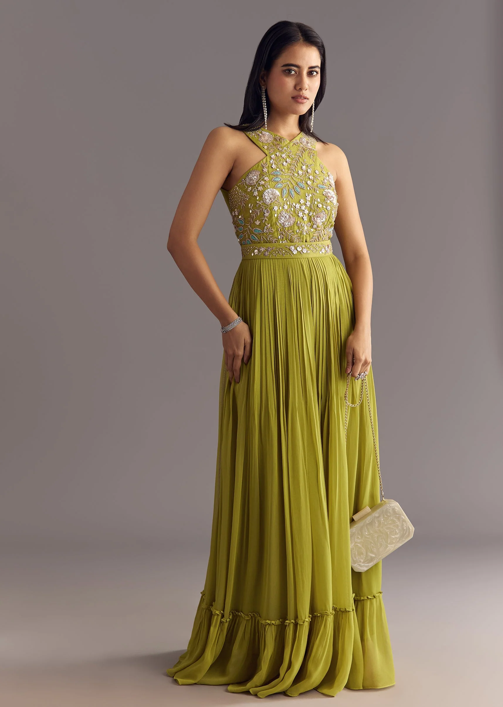 Citrus Green Georgette Jumpsuit With Embroidered Belt - Image 3