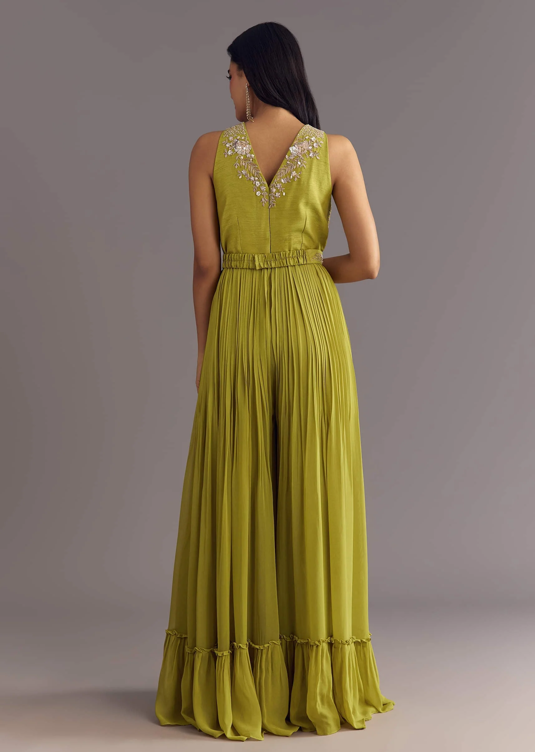 Citrus Green Georgette Jumpsuit With Embroidered Belt - Image 5